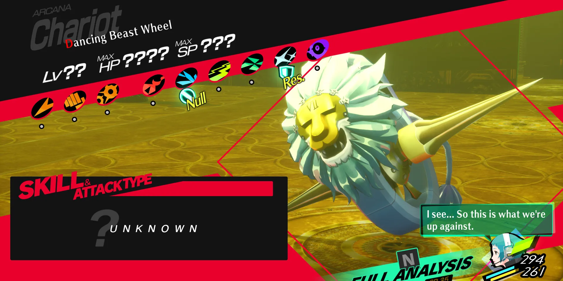 Image des faiblesses et résistances du boss de la Roue de la Bête Dansante dans Persona 3 Reload
