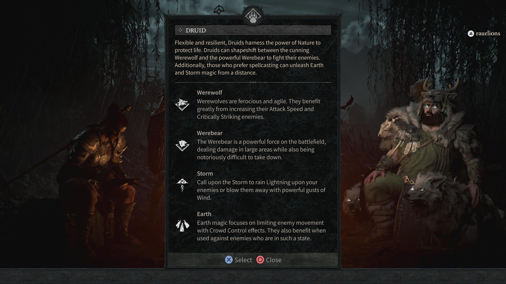 A druid sits at a campfire next to a textual description of the druid class in Diablo 4.