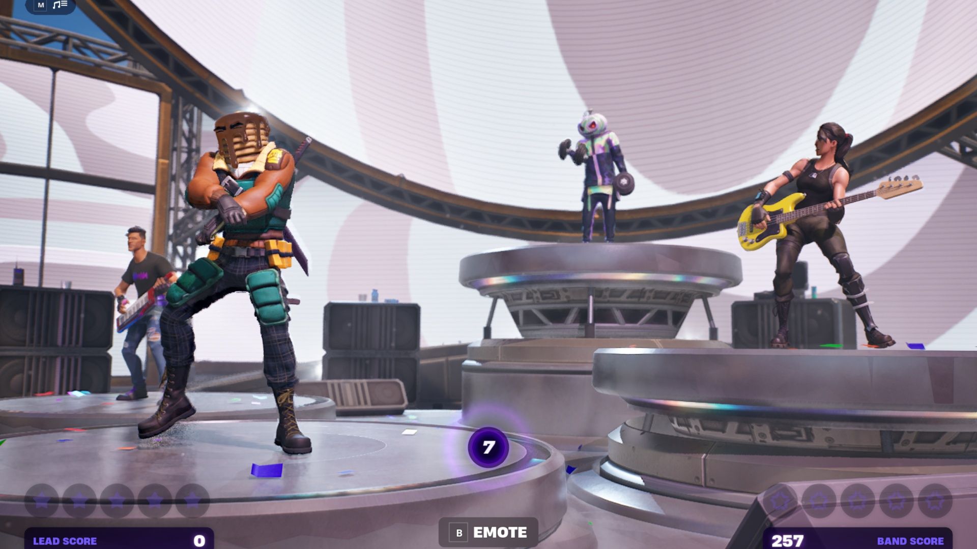 The band standing around and dancing while they prepare to join in on a song in Fortnite Festival.