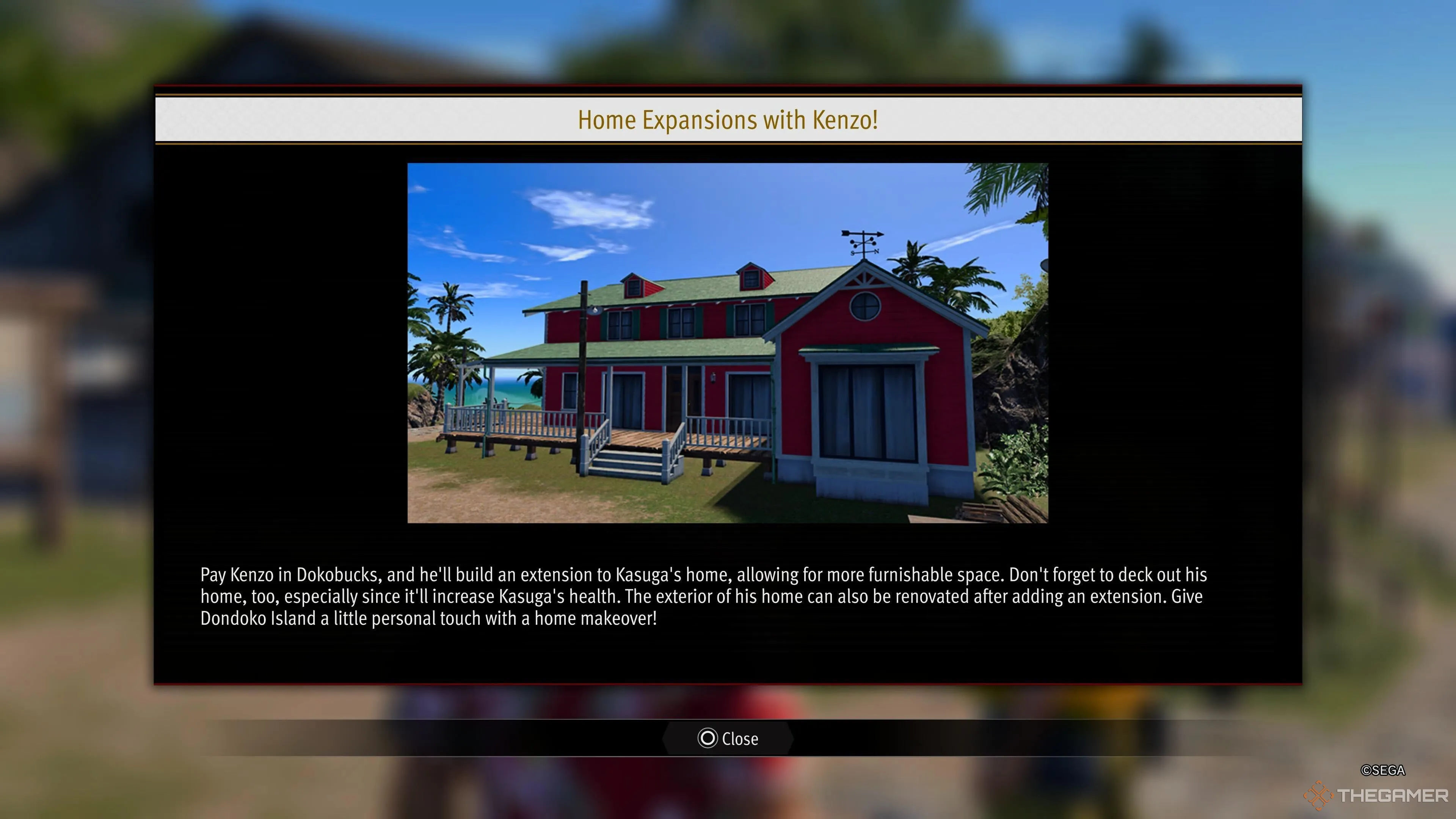 Screenshot da Like a Dragon Infinite Wealth che mostra un popup tutorial per l'ampliamento della casa di Kasuga che spiega come i giocatori possono spendere Dondobucks per ampliare la casa e decorare l'esterno.