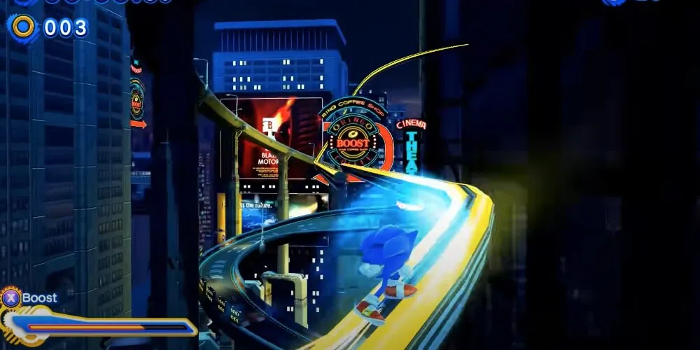 Sonic glissant sur une rambarde dans une ville
