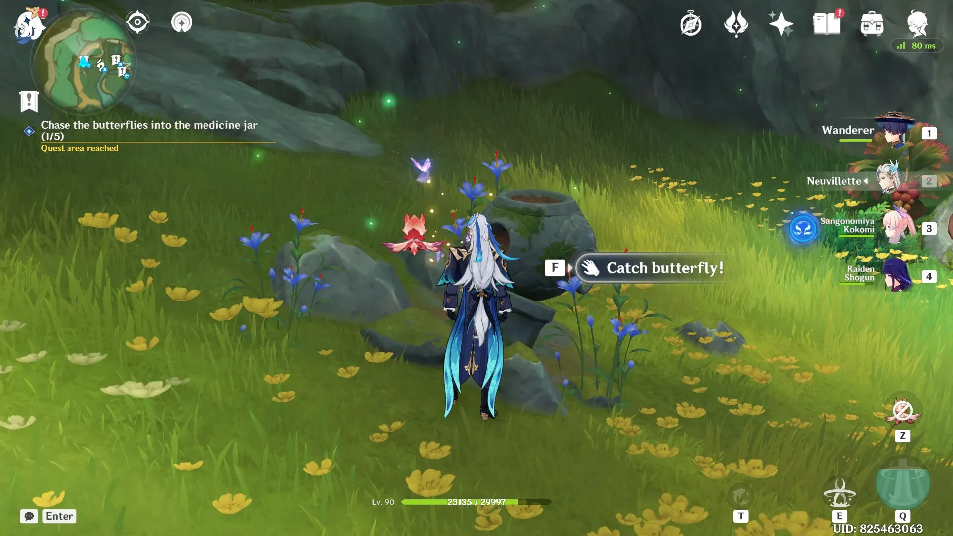 Neuvillette se tenant près d'un groupe de papillons dans Genshin Impact.