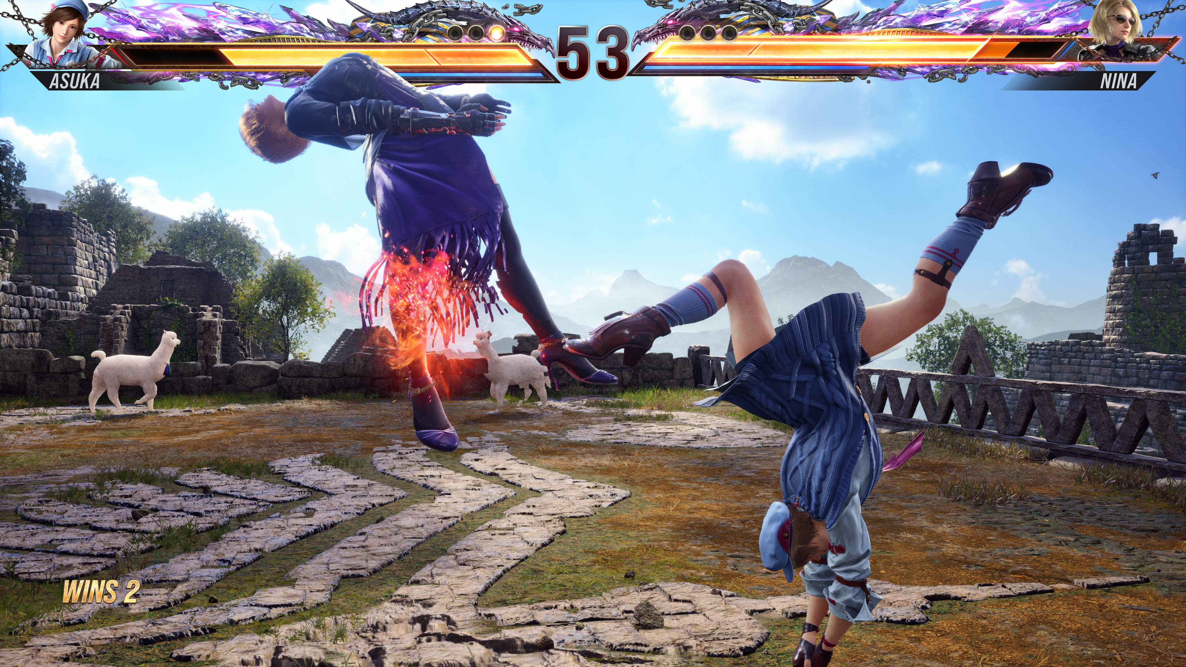 Asuka launching Nina with a backwards cartwheel in Tekken 8