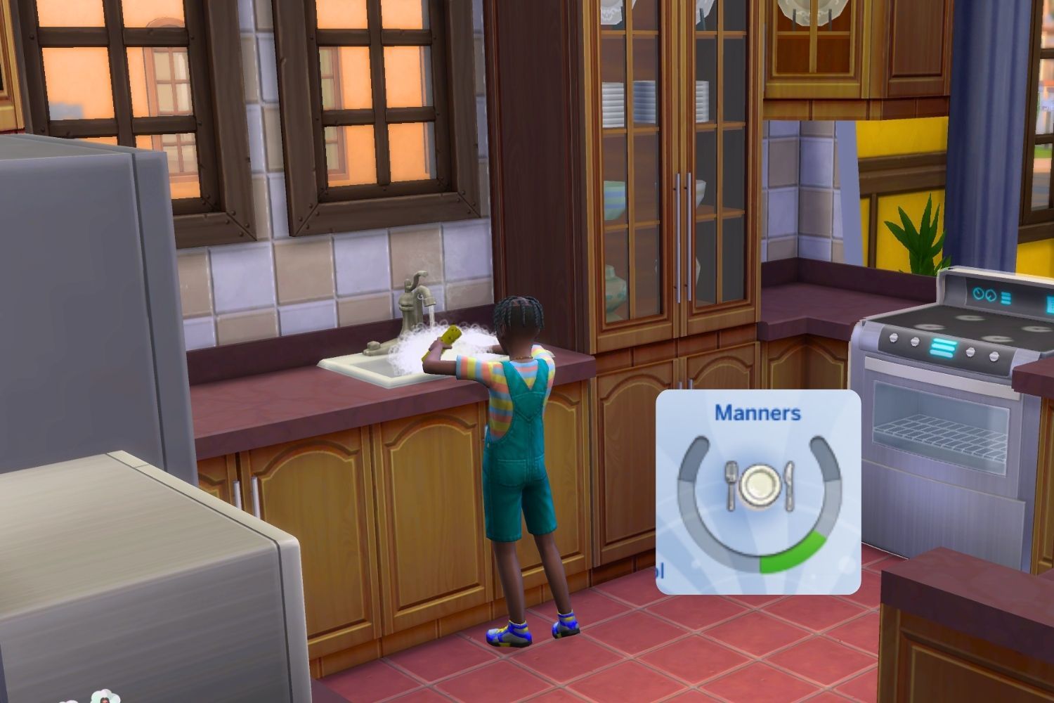 Ребенок-сим моет посуду в раковине на кухне.