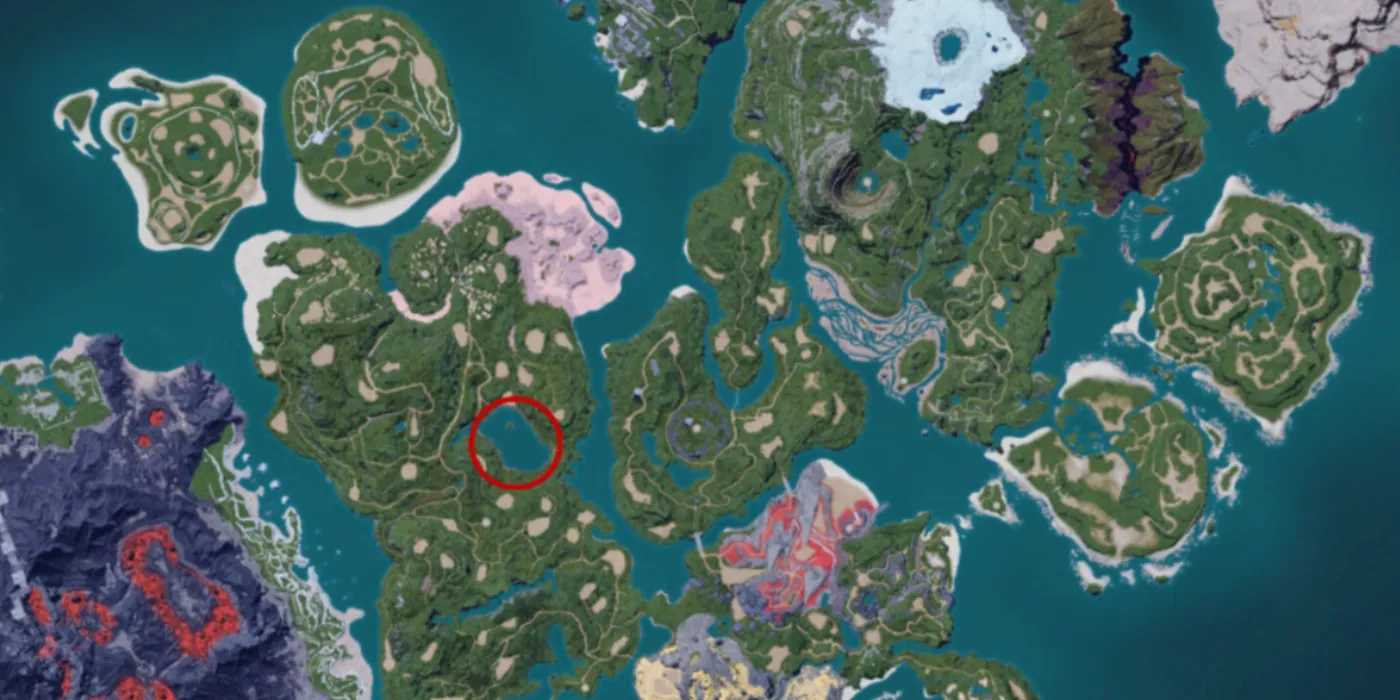 Carte de Palworld avec un cercle rouge sur un emplacement