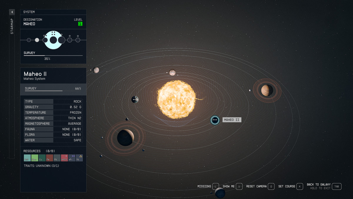 Una captura de pantalla del sistema que muestra a Maheo II en Starfield