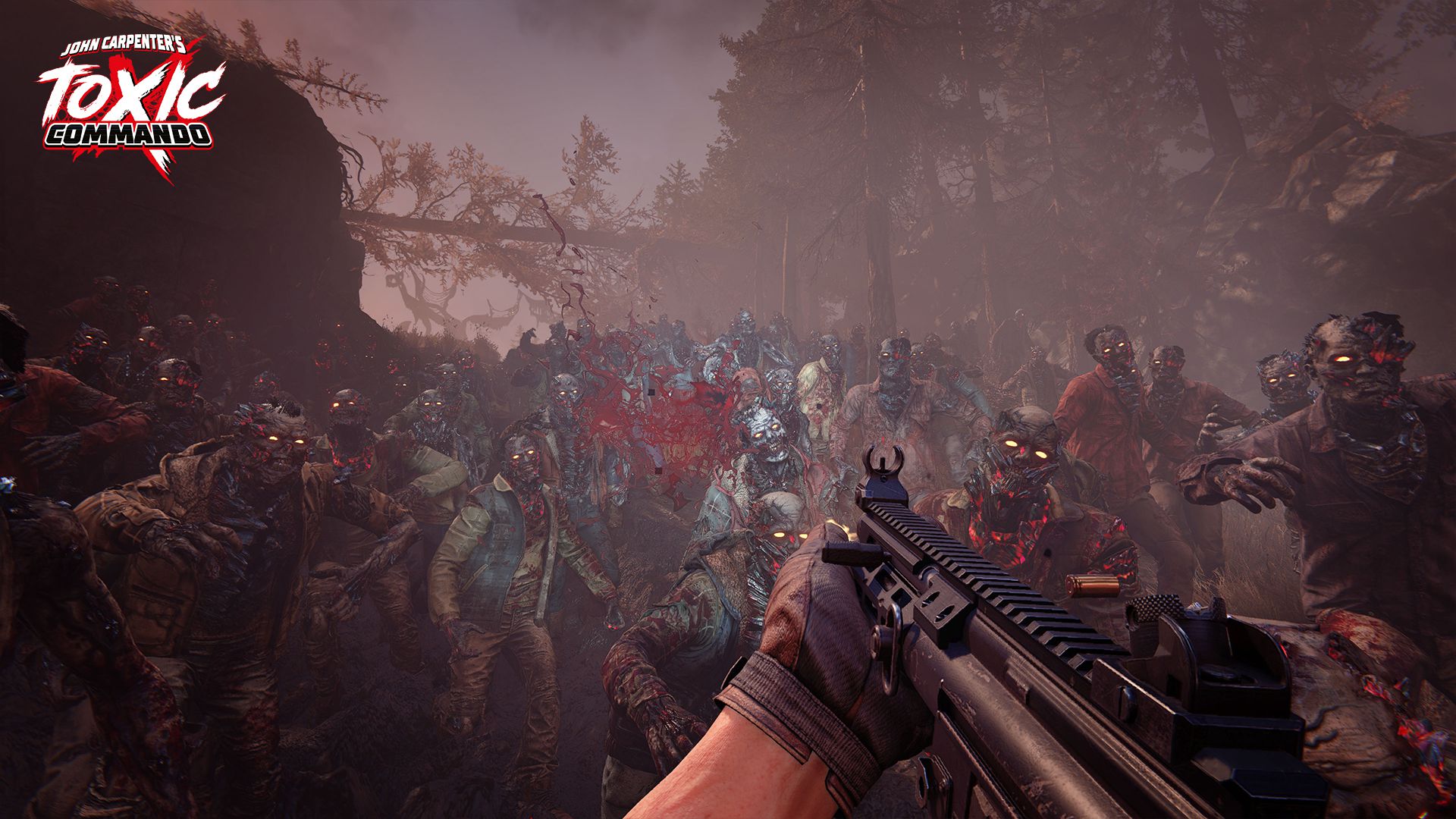 uno screenshot in prima persona di una persona con un fucile mitragliatore di fronte a un'orda di zombie in John Carpenter's Toxic Commando