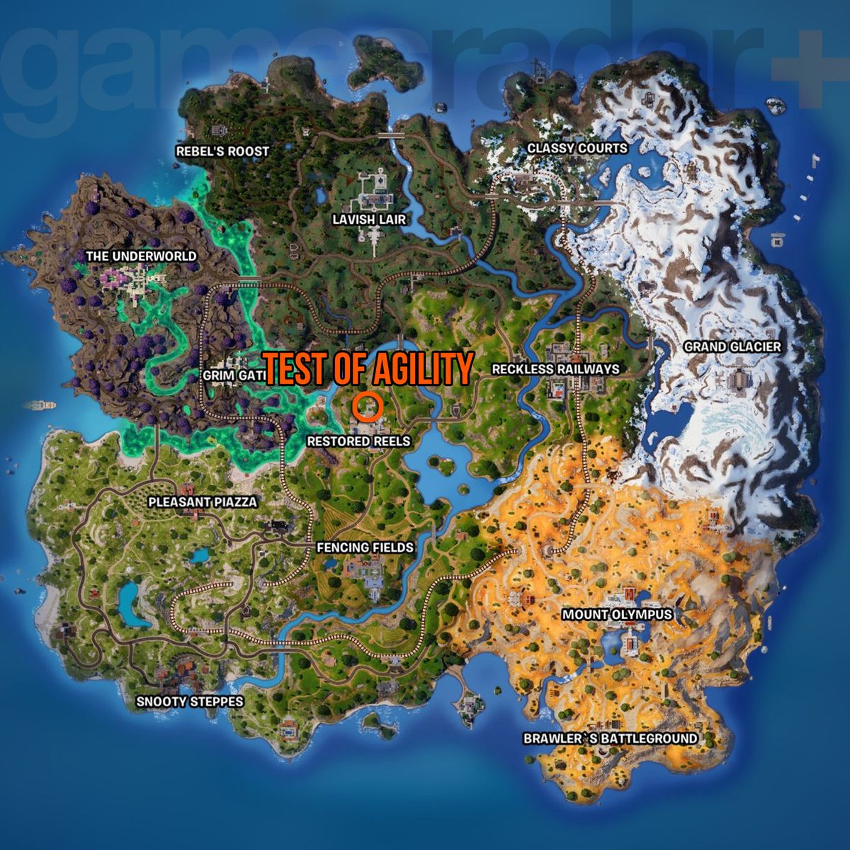 Mapa do Teste de Agilidade do Fortnite mostrando a localização em Restored Reels