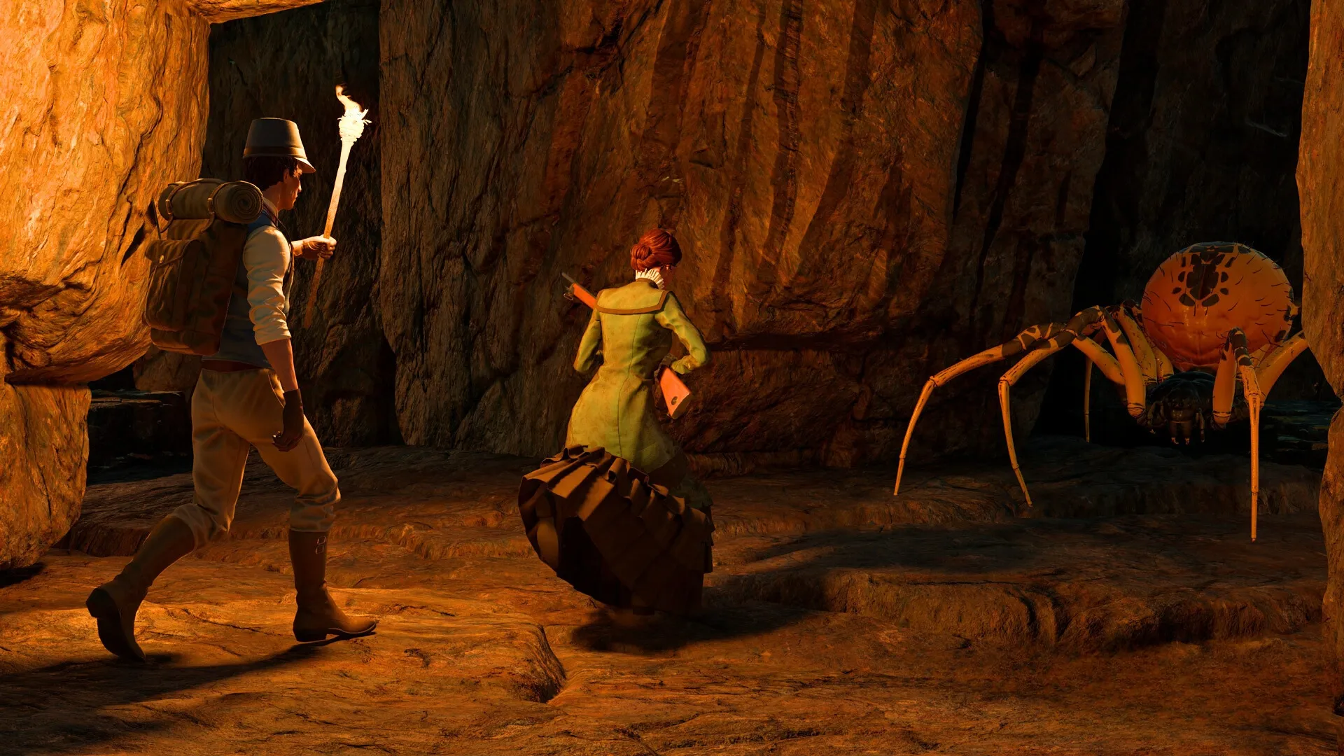 Deux personnages de Nightingale confrontant une araignée géante dans une caverne