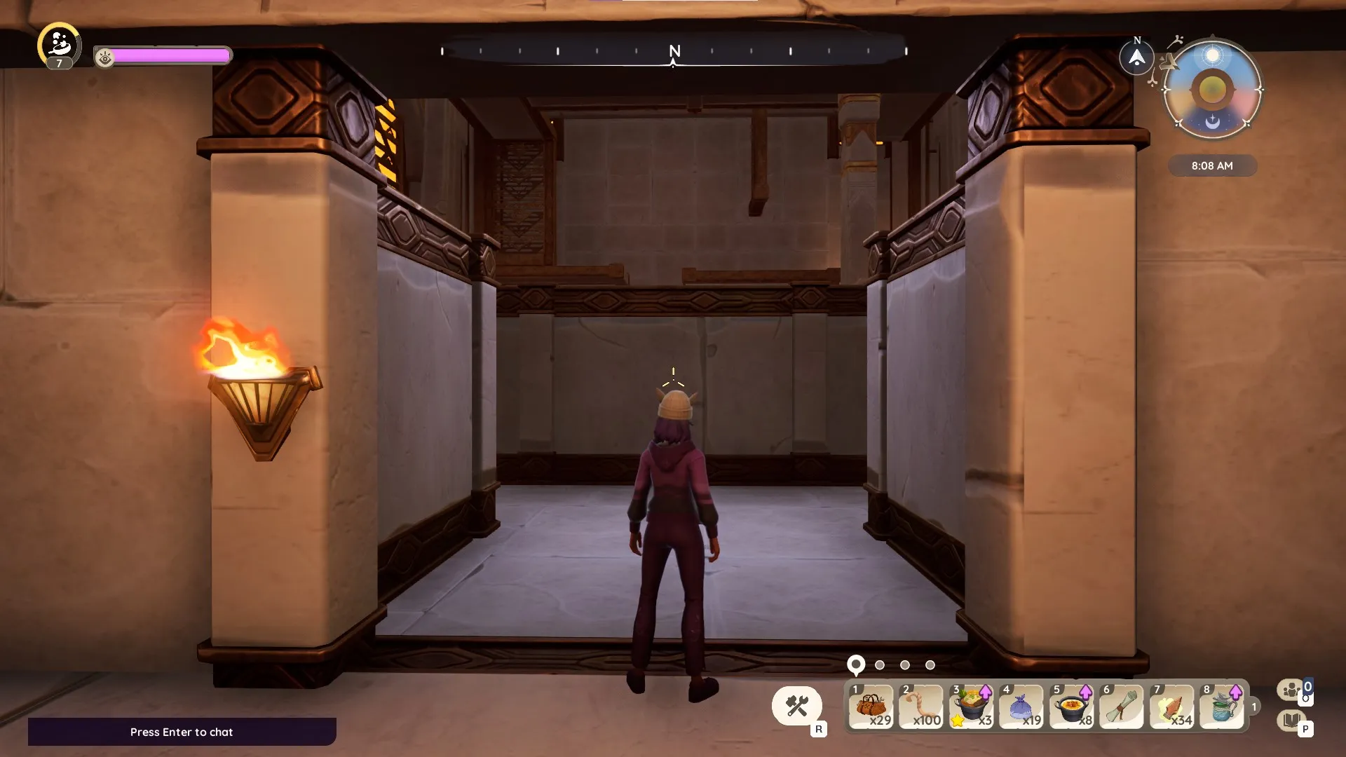 Palia Fire Temple avatar standing in the doorway to another maze room.