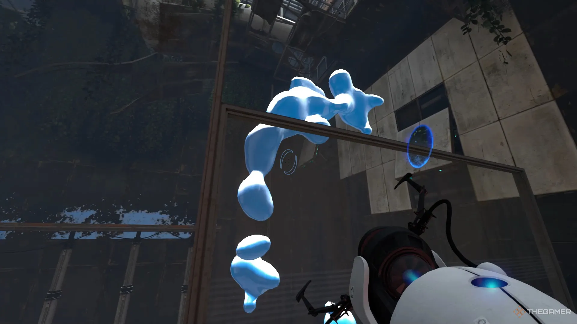 Uma captura de tela do Portal Revolution mostrando um portal azul que acabou de expelir gel azul