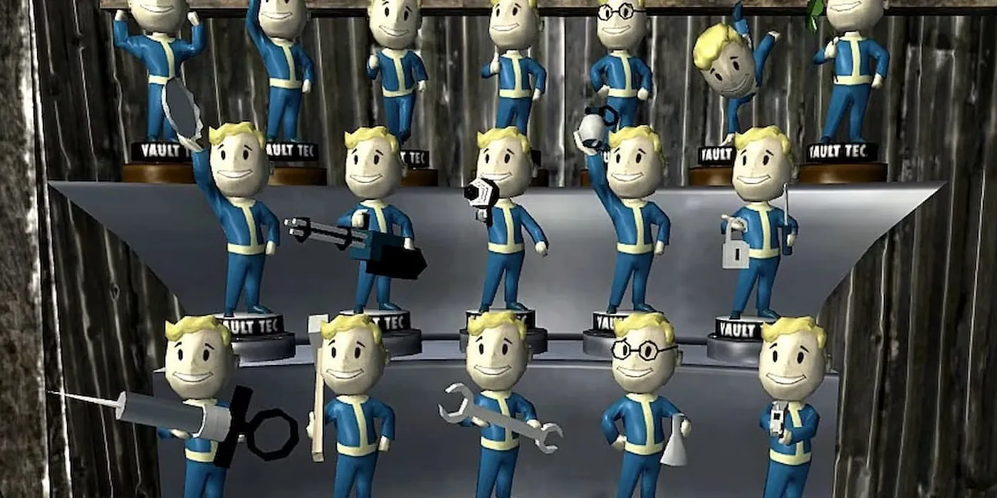 Estanterías llenas de bobble heads de Fallout 76