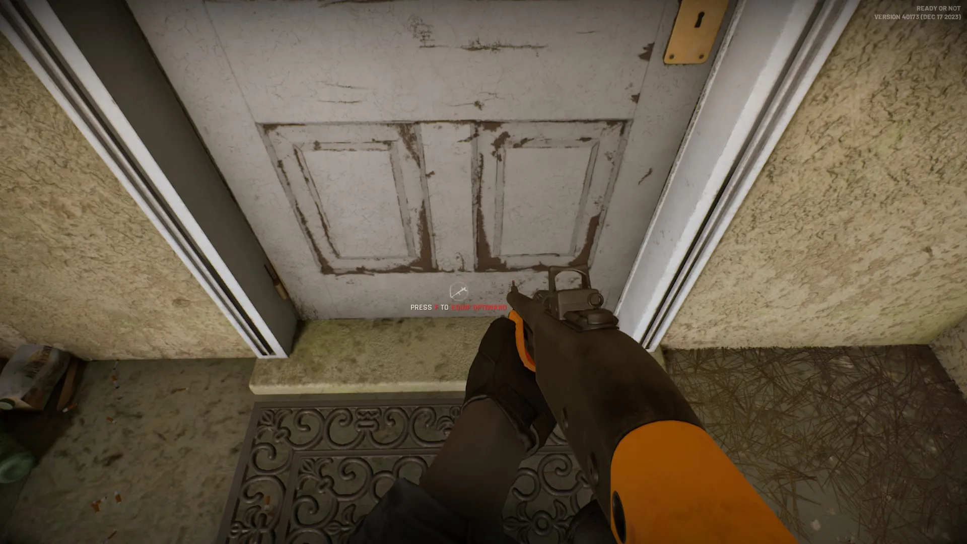 Mirror gun pointed at the bottom of the door in Ready or Not