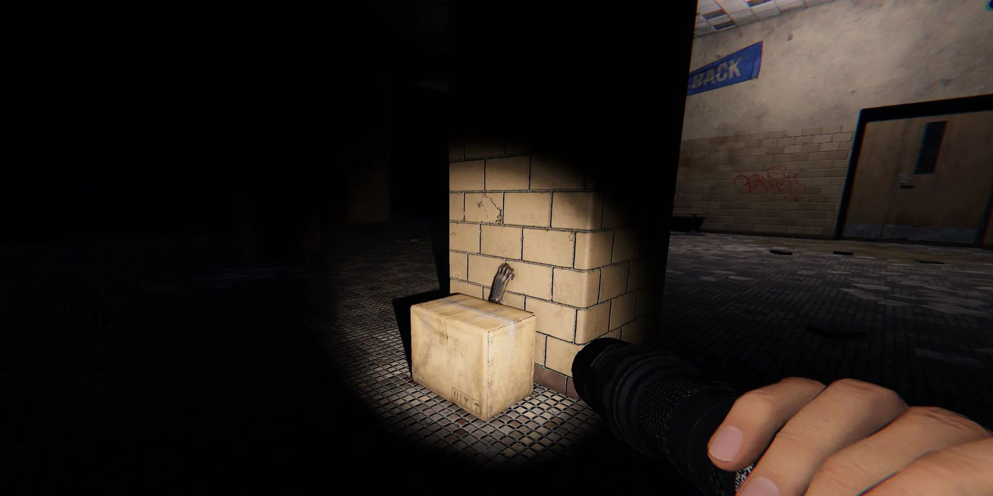 Image depicts a character in Phasmophobia pointing a flashlight at a box with the Monkey Paw cursed object on top of it. This image is on Brownstone High School.