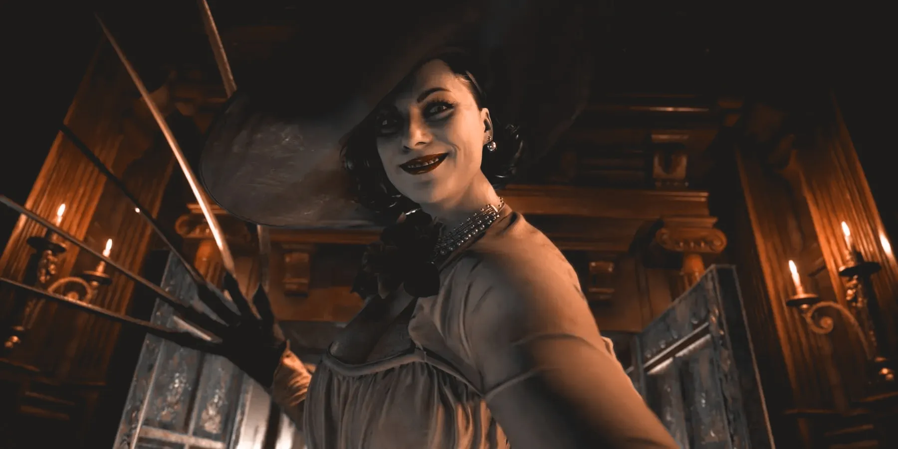 Resident Evil Village Lady Dimitrescu threatening smile