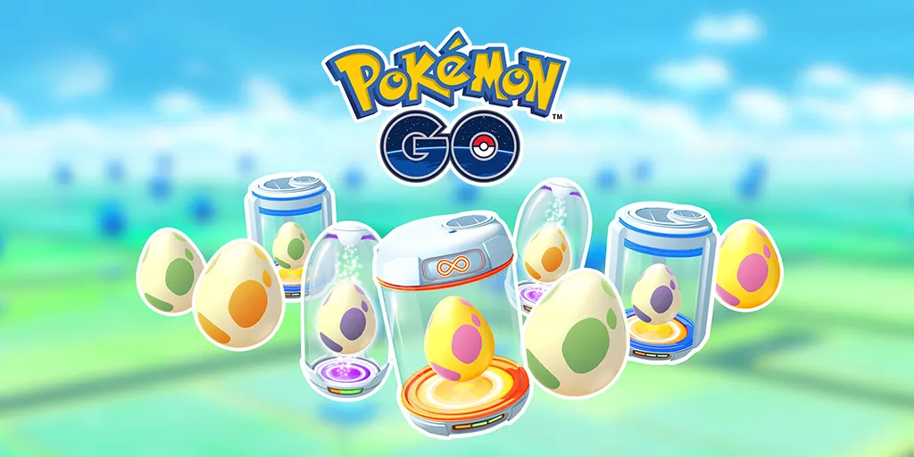 Несколько разных Яиц Pokemon Go и Инкубаторов, с логотипом Pokemon Go над ними