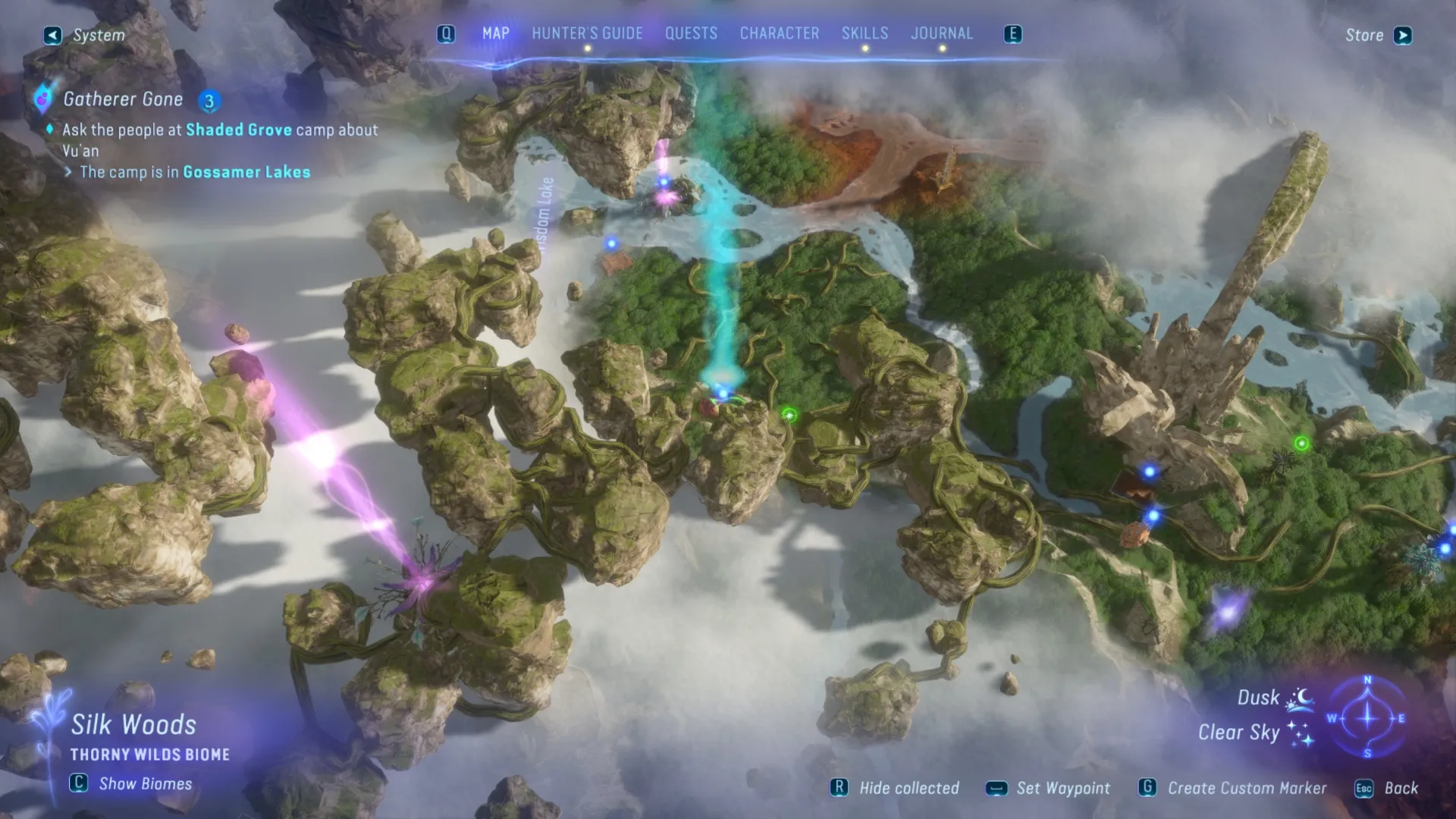 L'emplacement sur la carte de Shaded Grove, un endroit requis lors de la quête Gatherer Gone dans Avatar: Frontiers Of Pandora.