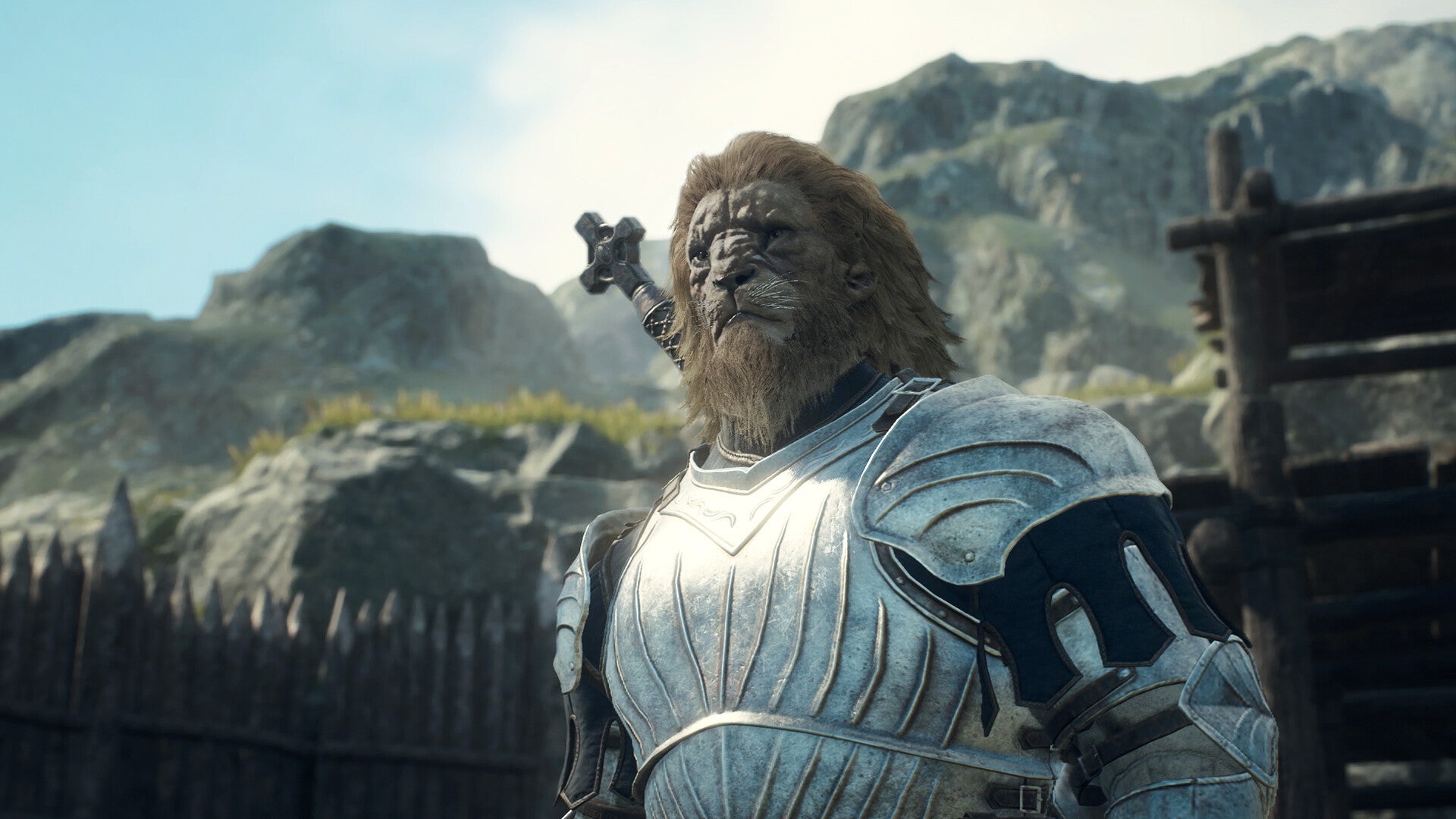 Screenshot di Dragon's Dogma 2 che mostra un personaggio leone antropomorfo in armatura. Ha una spada sulla schiena