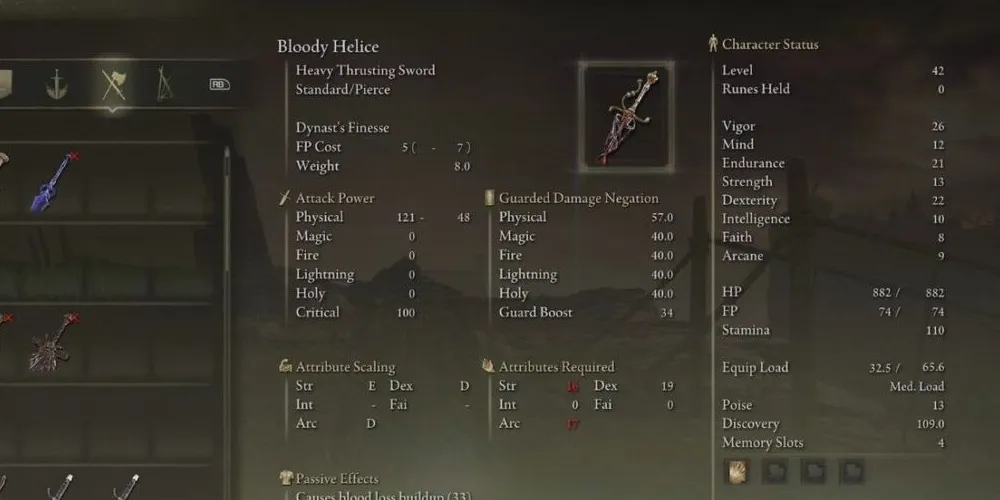 Capture d'écran des statistiques de Bloody Helice dans Elden Ring.