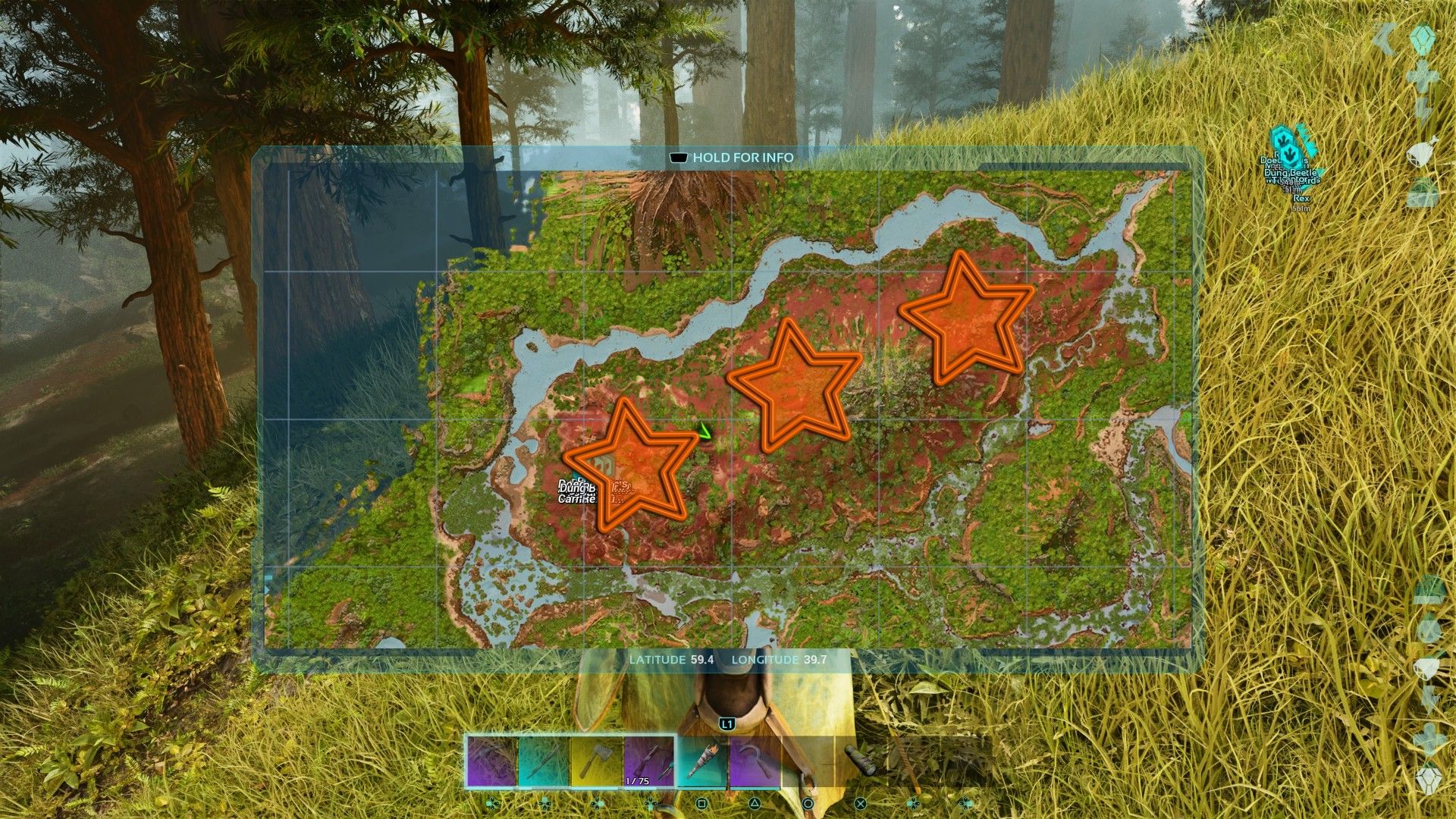 Personaje del jugador mirando su mapa en el juego que tiene tres grandes estrellas naranjas editadas en parte de él en Ark: Survival Ascended.