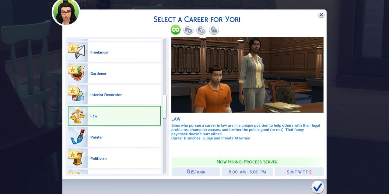 The Sims 4: Uma imagem da Carreira de Direito no menu de telefone dos Sims