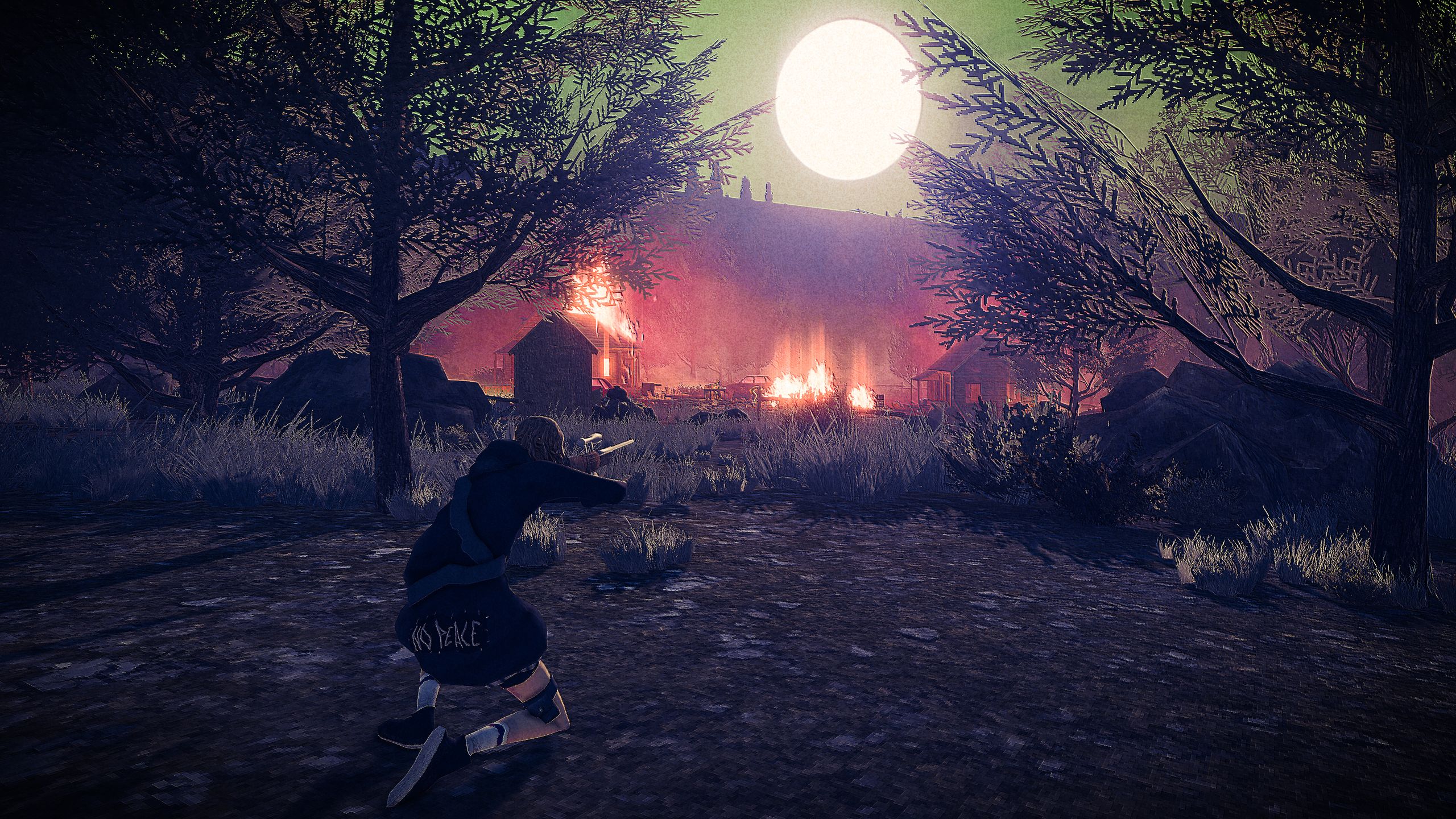 Capture d'écran de Children of the Sun montrant The Girl courant à travers une forêt sombre au premier plan, des feux brûlant au loin.