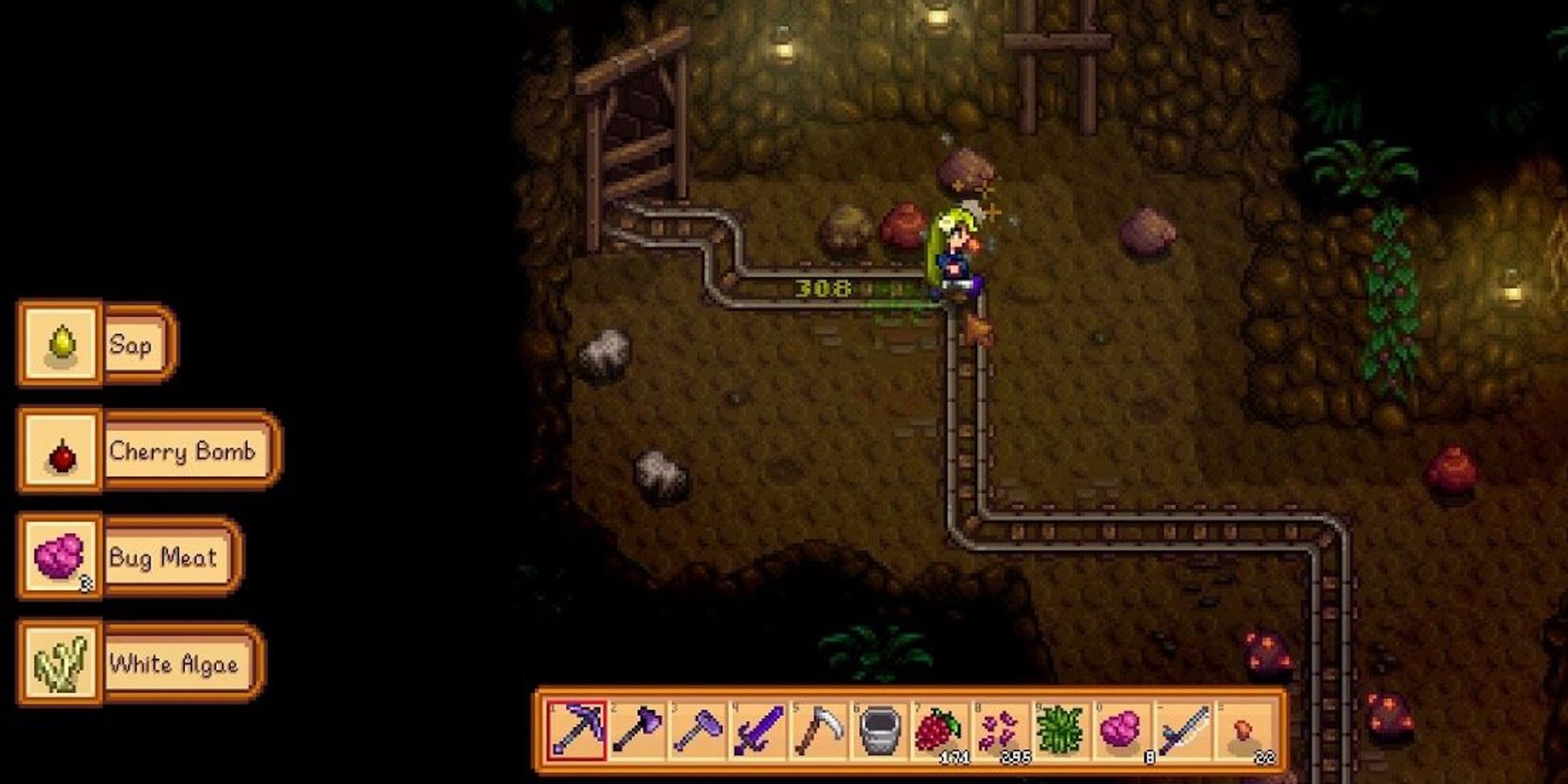 Игрок Stardew Valley в шахтах убивает врагов после применения Монстр Мускуса