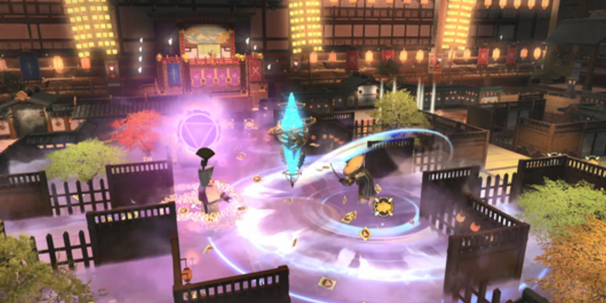 Uno sguardo a Yojimbo che scaglia un fendente devastante nella mappa PvP The Clockwork Castletown per Crystalline Conflict in Final Fantasy 14