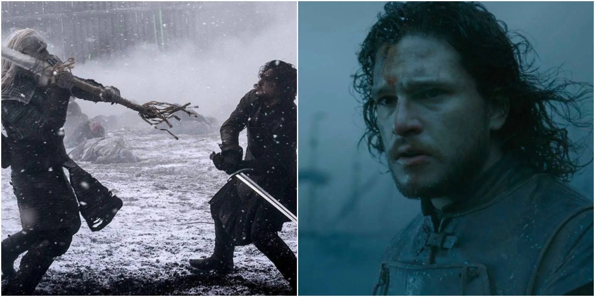 Split image of Jon Snow fighting the White Walker and him at Hardhome in Game of Thrones.