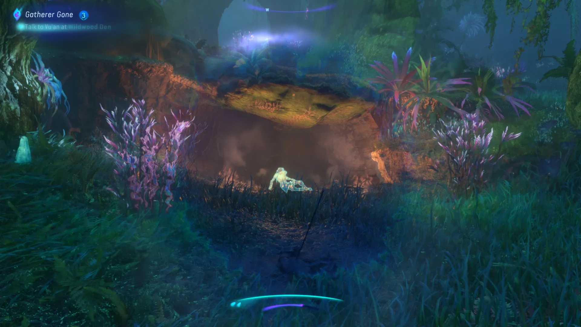 Ву'ан сидит в пещере, согреваясь у костра в игре Avatar: Frontiers Of Pandora.