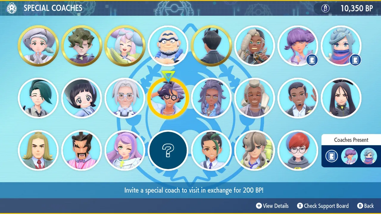 Captura de pantalla de Pokemon Scarlet and Violet que muestra una lista parcialmente completa de entrenadores especiales