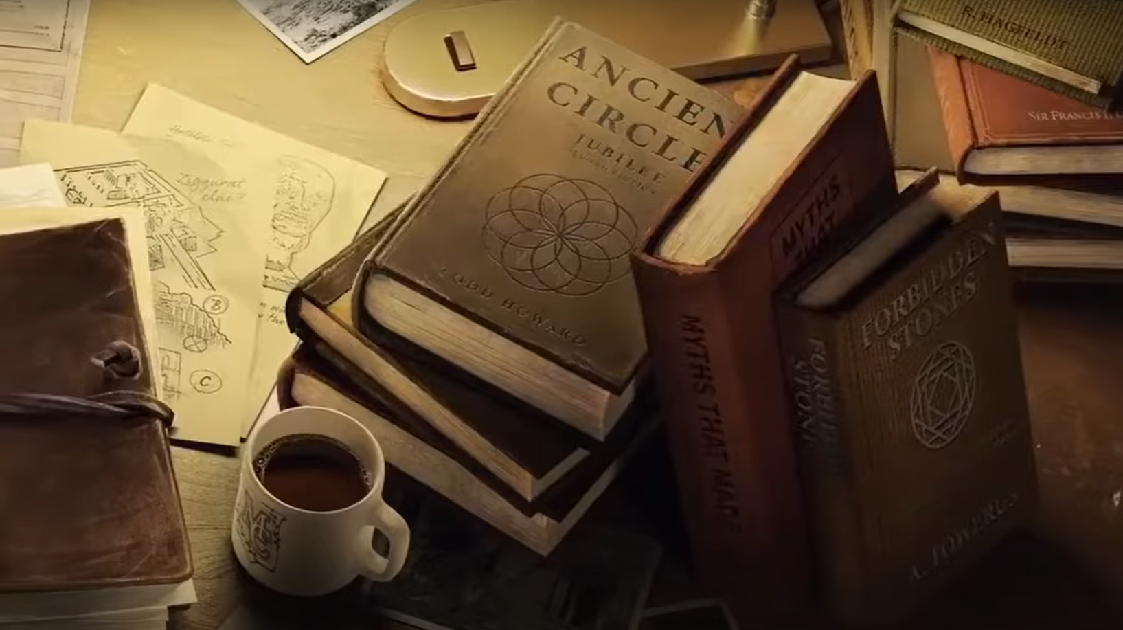 MachineGames'印第安纳琼斯预告片截图，显示一本名为Ancient Circles的书