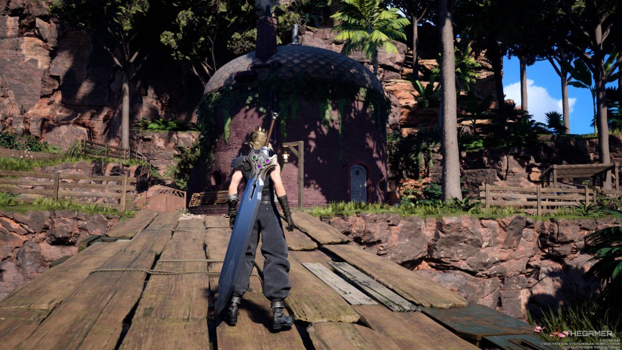 Un giocatore in piedi di fronte alla casa in cui Aerith entra nel villaggio di Gongaga in Final Fantasy 7 Rebirth.