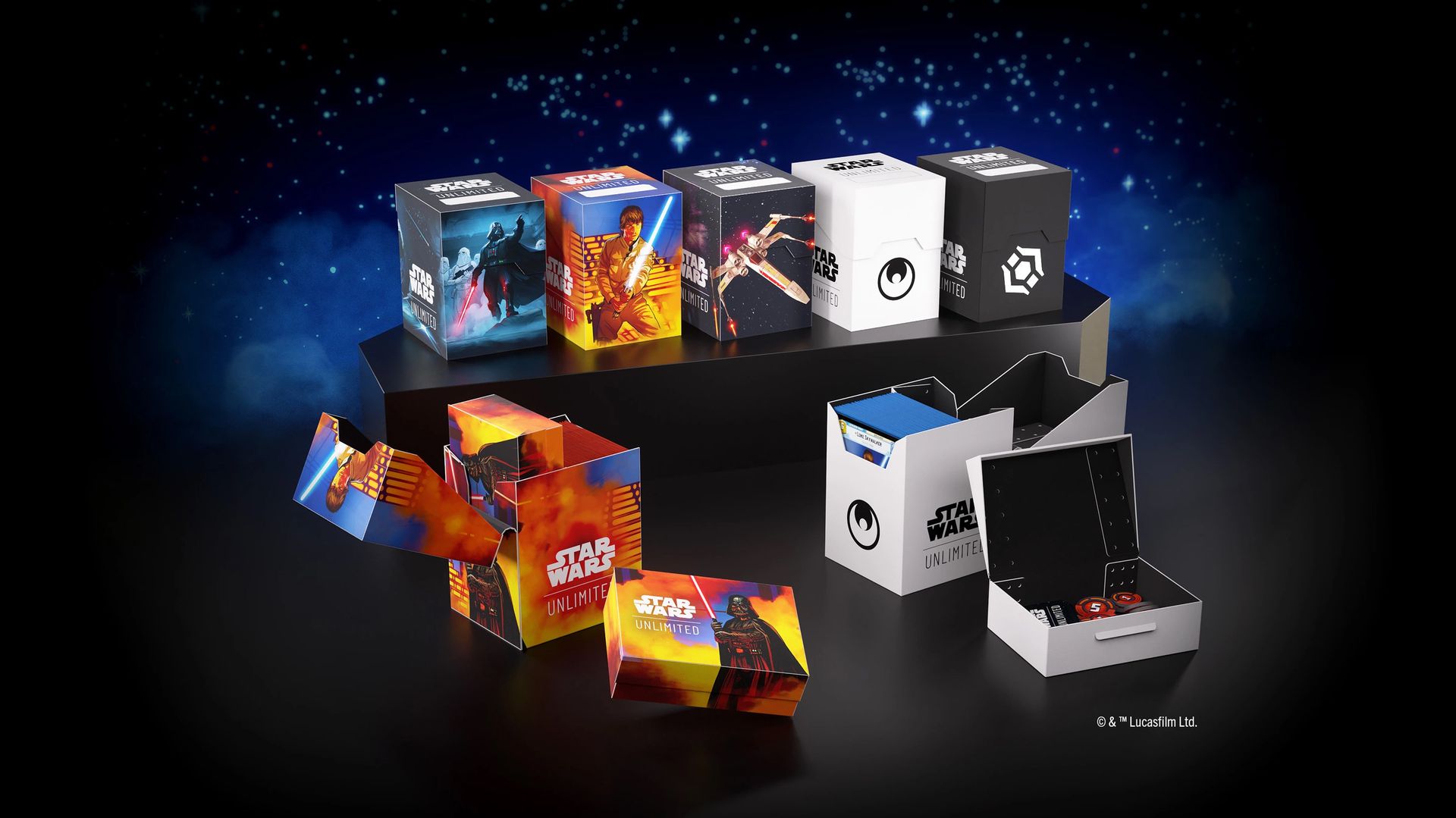 为星球大战无限制制定的五个软箱牌组盒的关键艺术作品