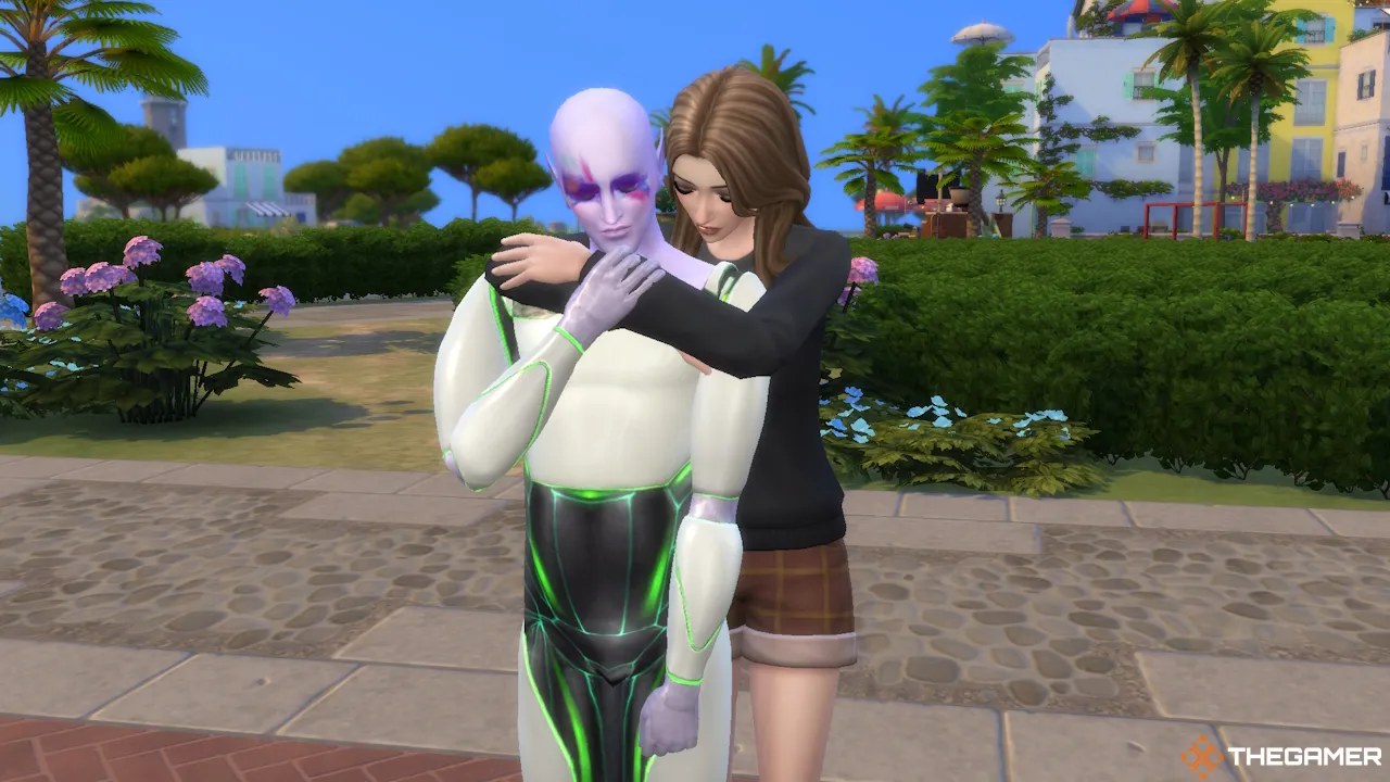 Deux Sims posant ensemble dans la rue