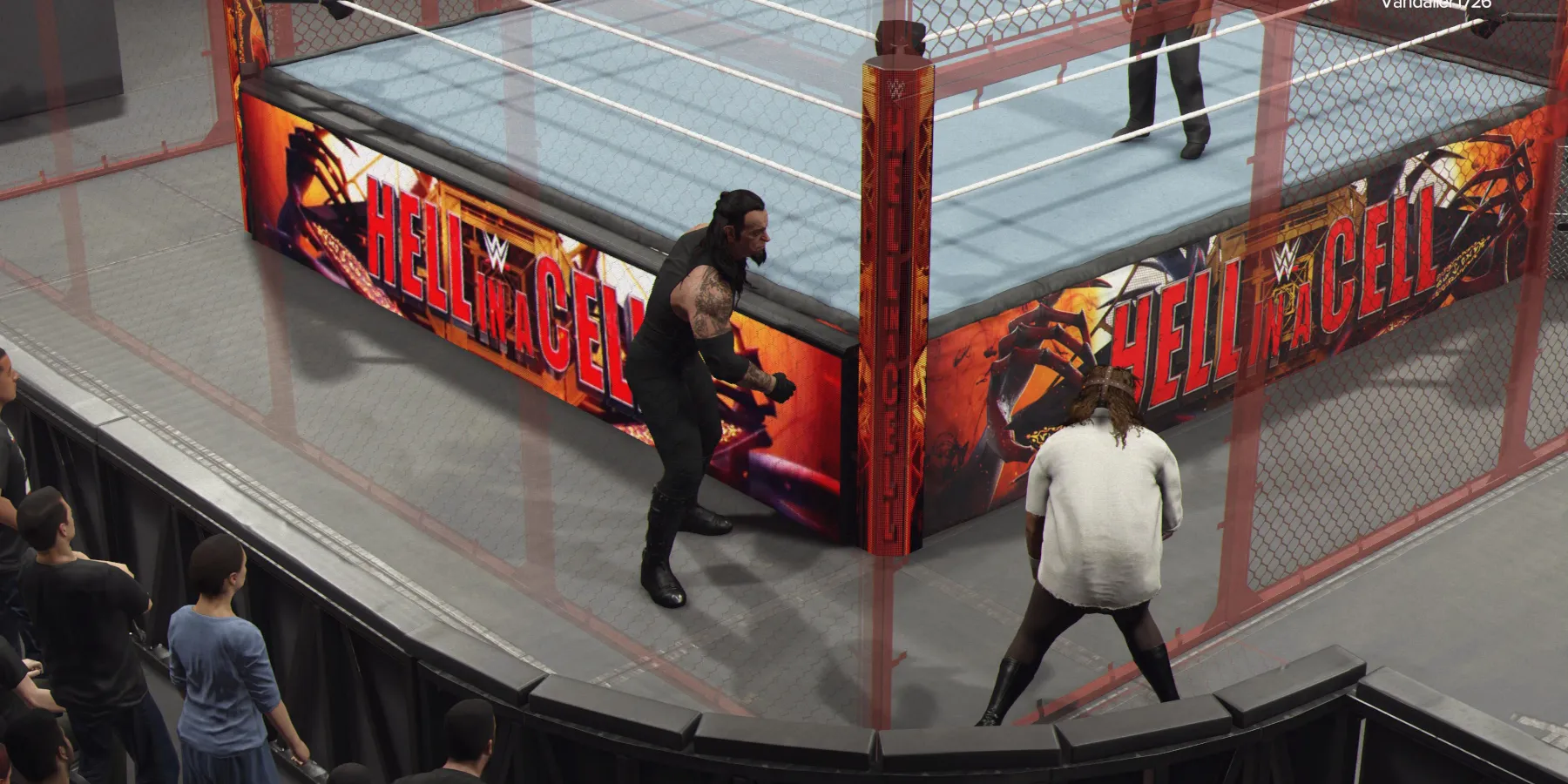 WWE 2K24 Undertaker lançant Mankind à travers le Hell in a Cell