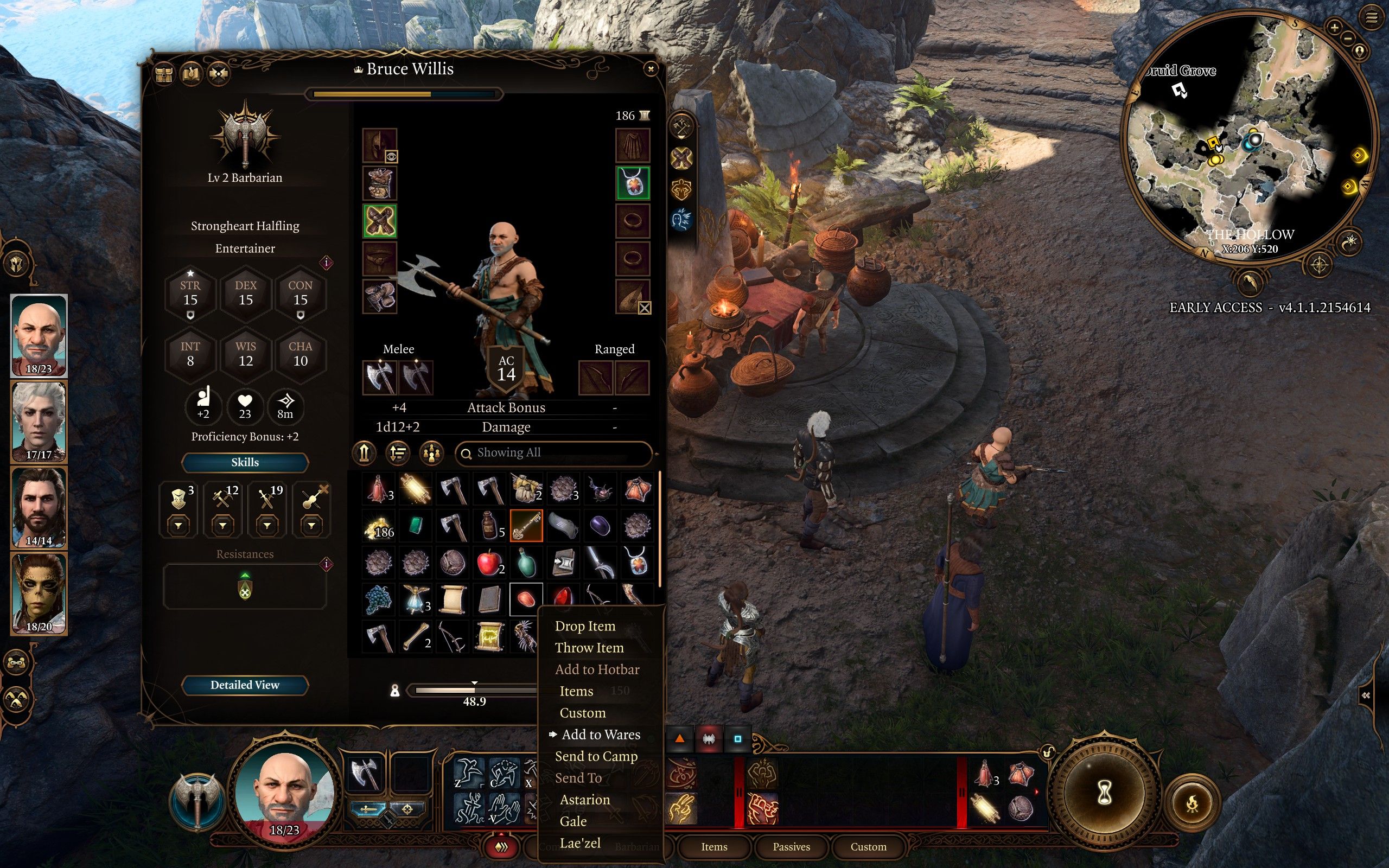 Baldur's Gate 3: Un'immagine dell'inventario del personaggio del giocatore con l'opzione 'aggiungi a Wares' evidenziata.