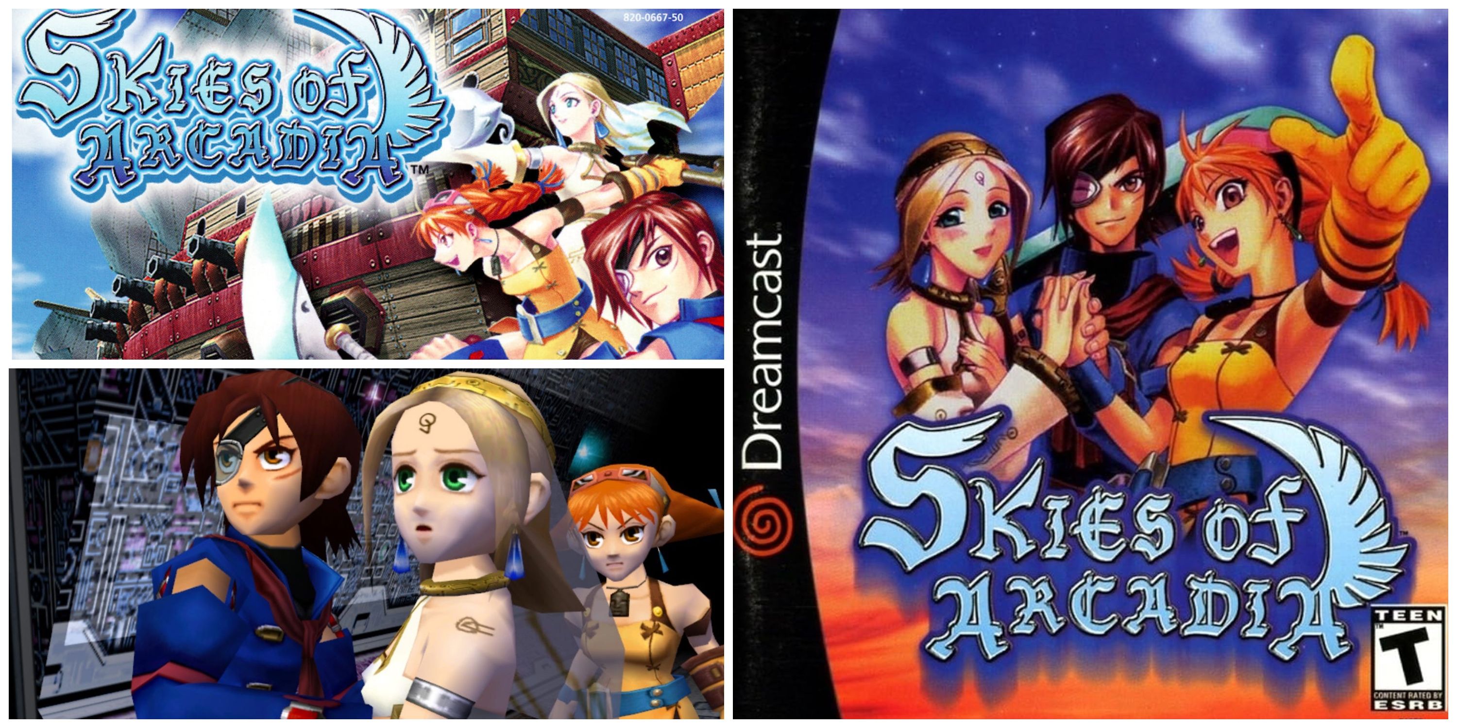 2 Versions de Skies of Arcadia Art de couverture, plus capture d'écran de Vyse, Fina et Aika