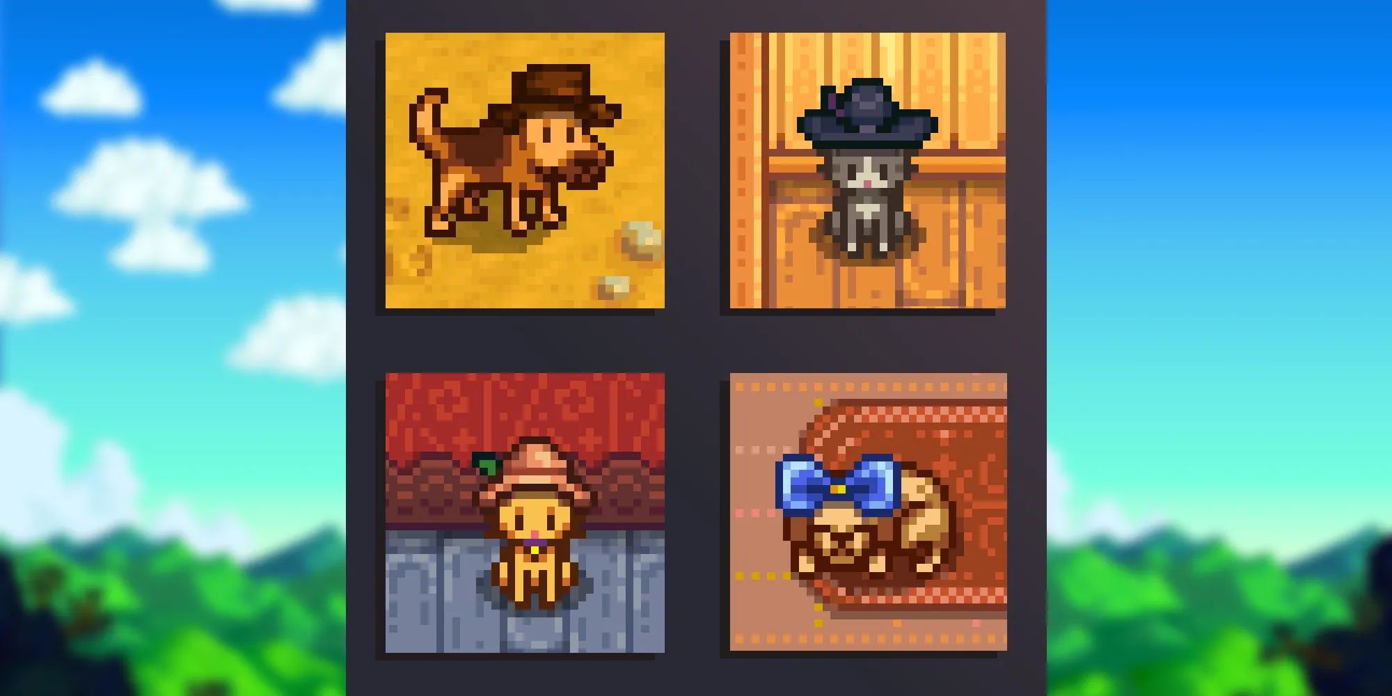 stardew valley gatos y perros usando sombreros