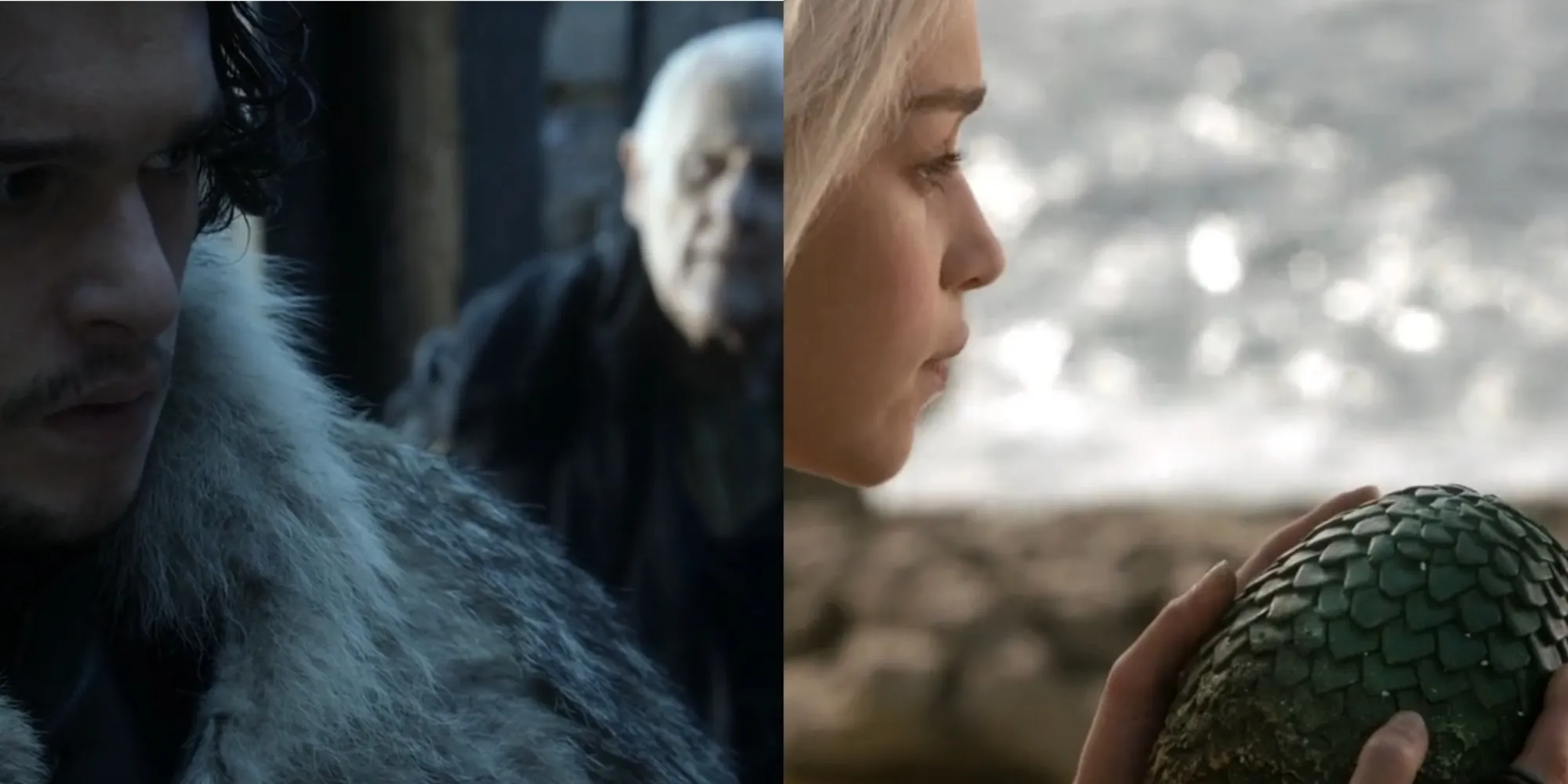 Immagine divisa di Jon Snow e Aemon Targaryen e Daenerys Targaryen che tiene un uovo di drago in Game of Thrones.