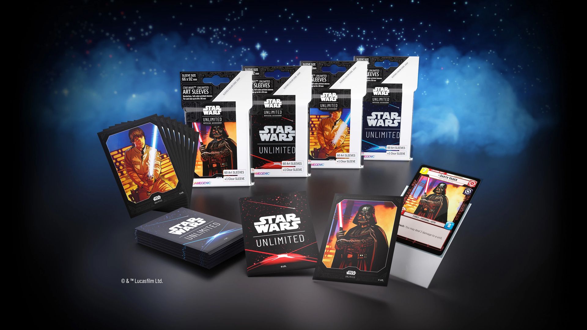 Arte clave presentando cuatro estilos diferentes de fundas de cartas para Star Wars Unlimited