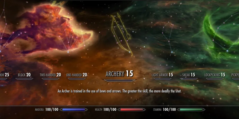 Skyrim: une image de la Compétence de Tir à l'Arc dans l'Écran des Compétences