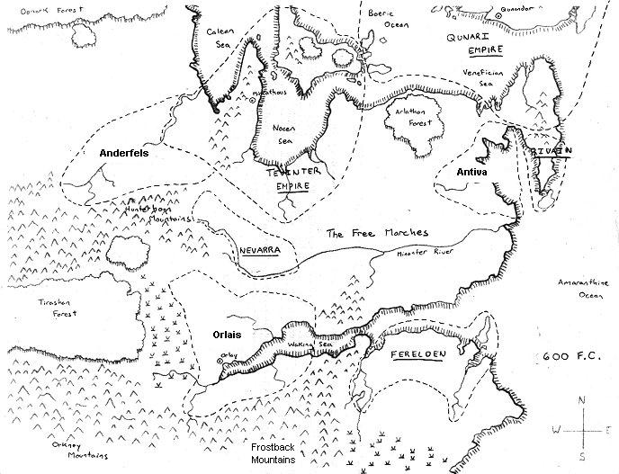 Una mappa schizzata in bianco e nero di ciò che sarebbe diventato Thedas, il mondo di Dragon Age