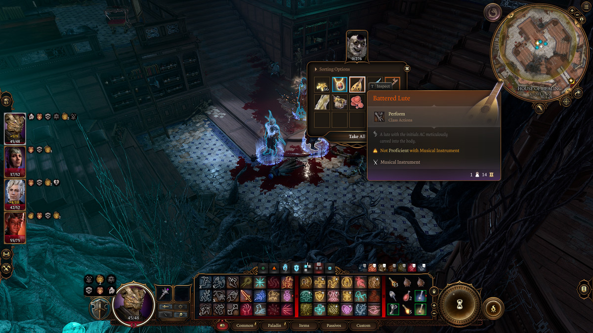 O personagem do jogador saqueia um Lute Deteriorado de um cirurgião maligno em Baldur's Gate 3