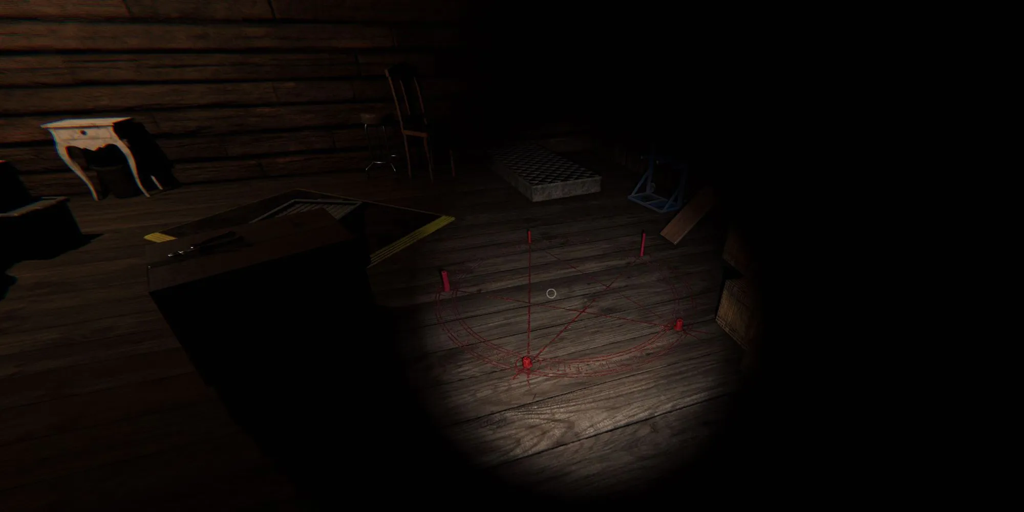 Image depicts a red summoning circle on the floor in Grafton Farmhouse in Phasmophobia.