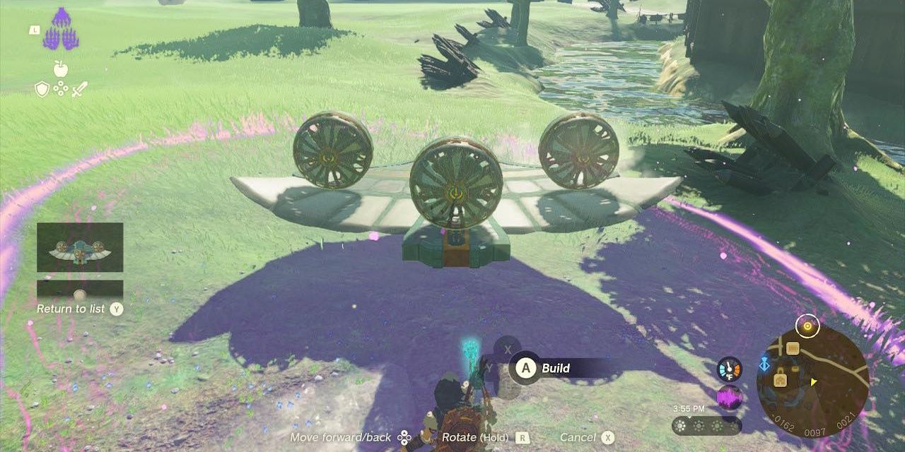 Link making a plane with three fans using the Autobuild ability in The Legend of Zelda: Tears of the Kingdom