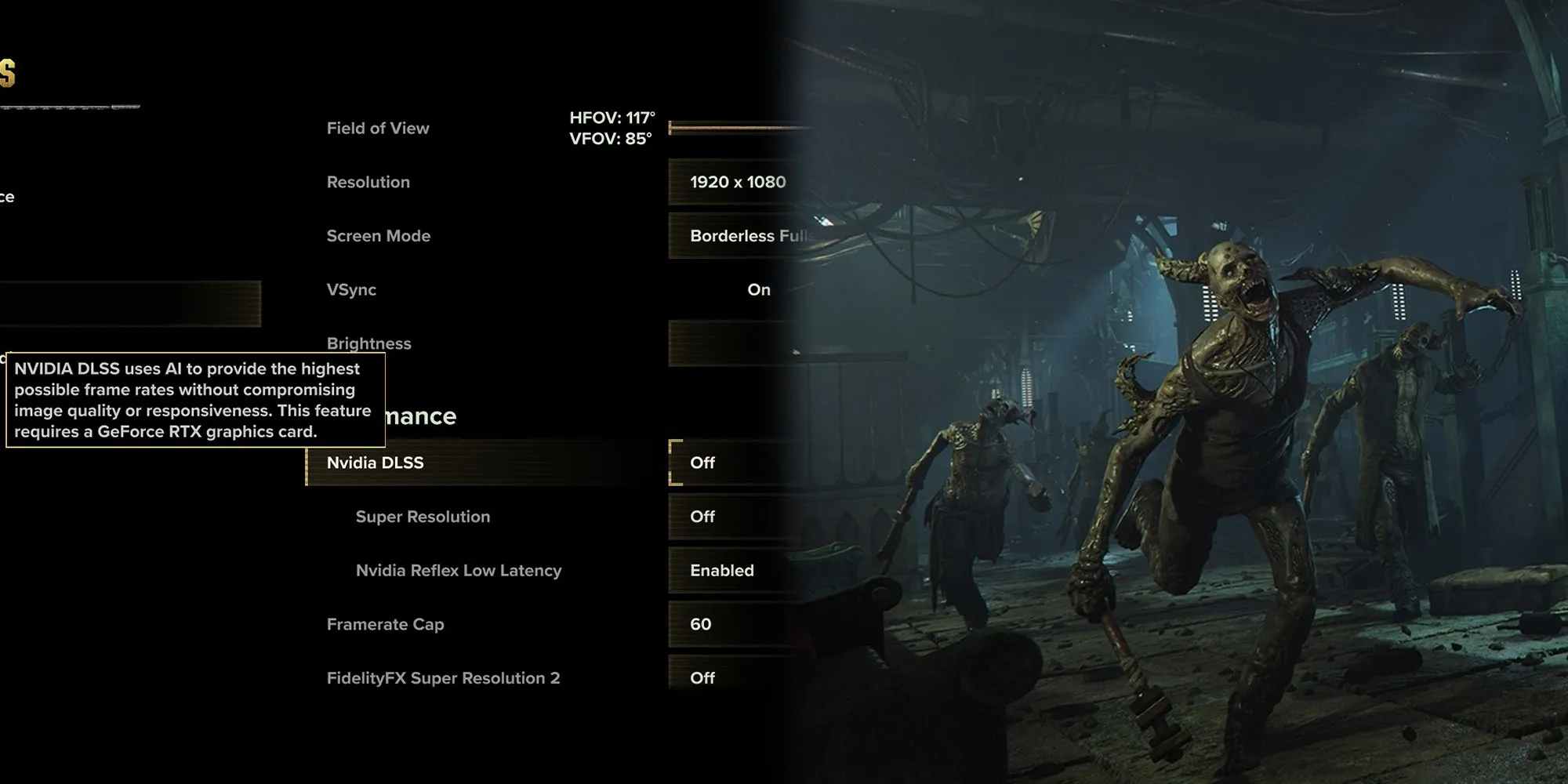 Warhammer 40K Darktide - Impostazione opzione Nvidia DLSS accanto a un'immagine di qualità molto alta nel gioco