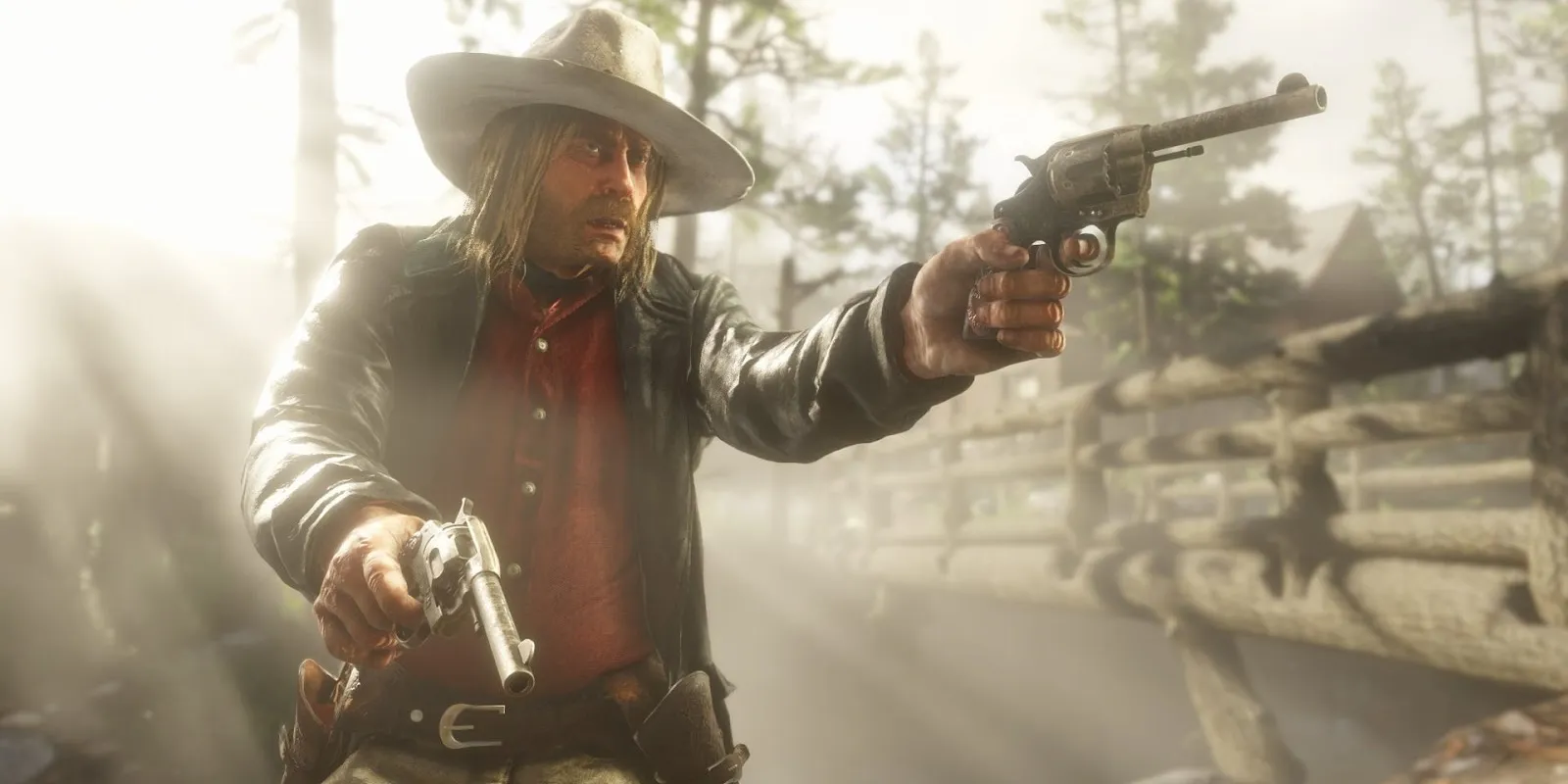 Мика Белл из Red Dead Redemption 2, указывающий пистолетом