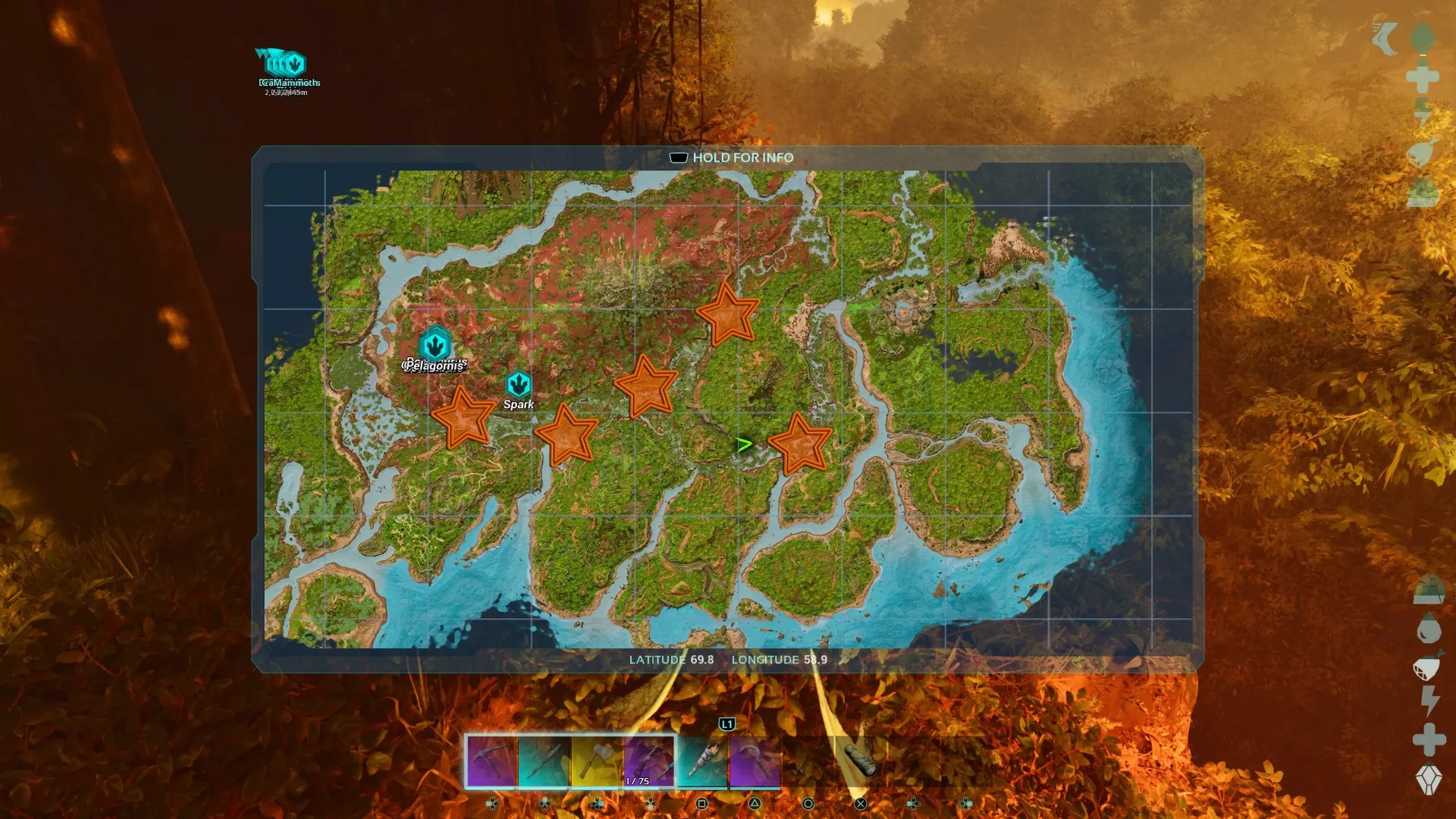 Personaje del jugador mirando su mapa del juego que tiene estrellas naranjas editadas donde Achatina puede aparecer en Ark: Survival Ascended