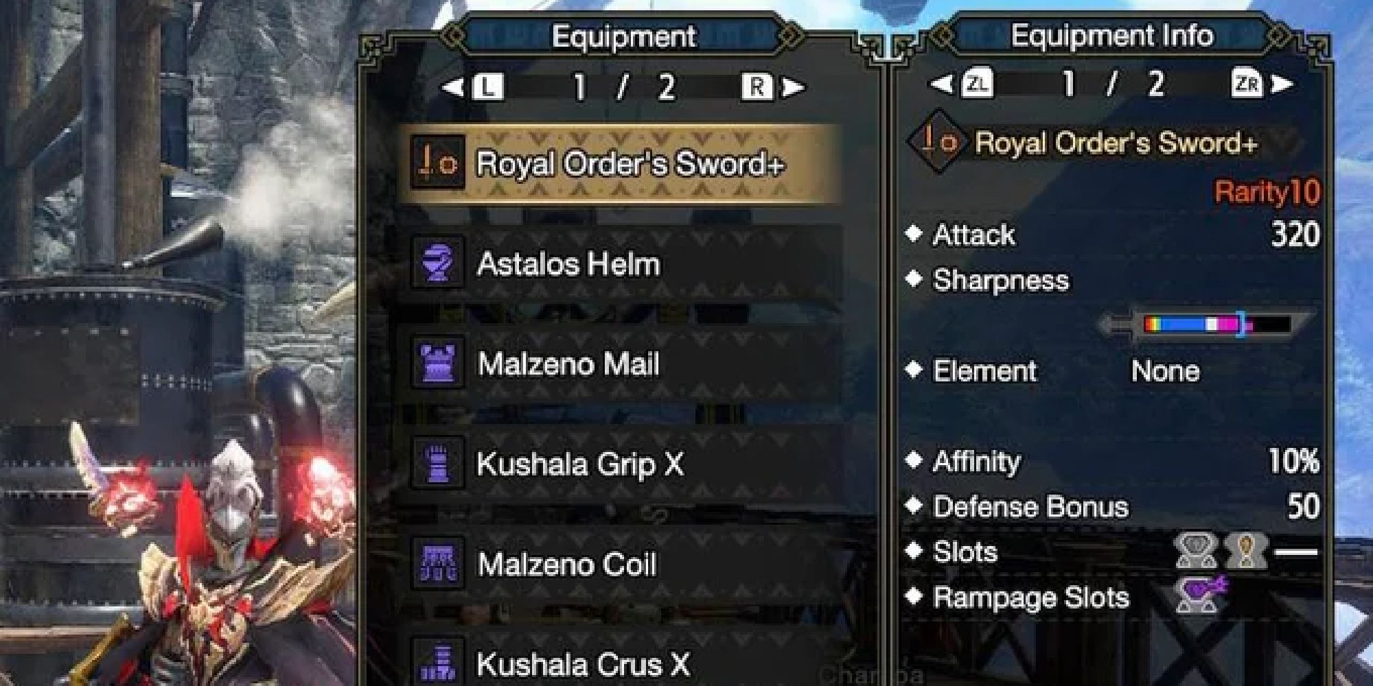 Un menu dans Monster Hunter Rise montrant un ensemble d'armure avec Royal Order Épée